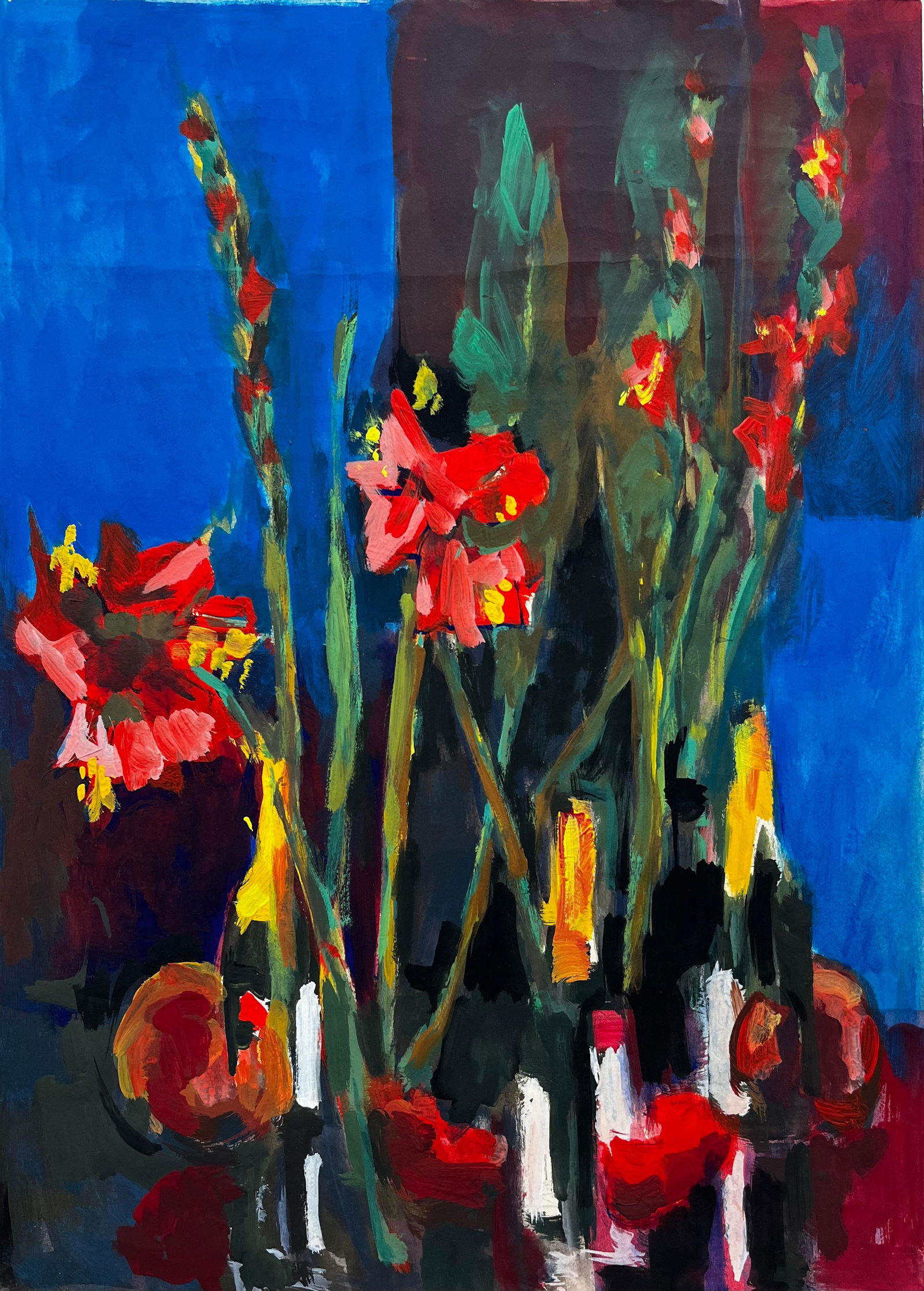 Guy Nicod; Vibrant Floral Still Life With Red Gladiolus And Wine Bottles French Modernist - 12