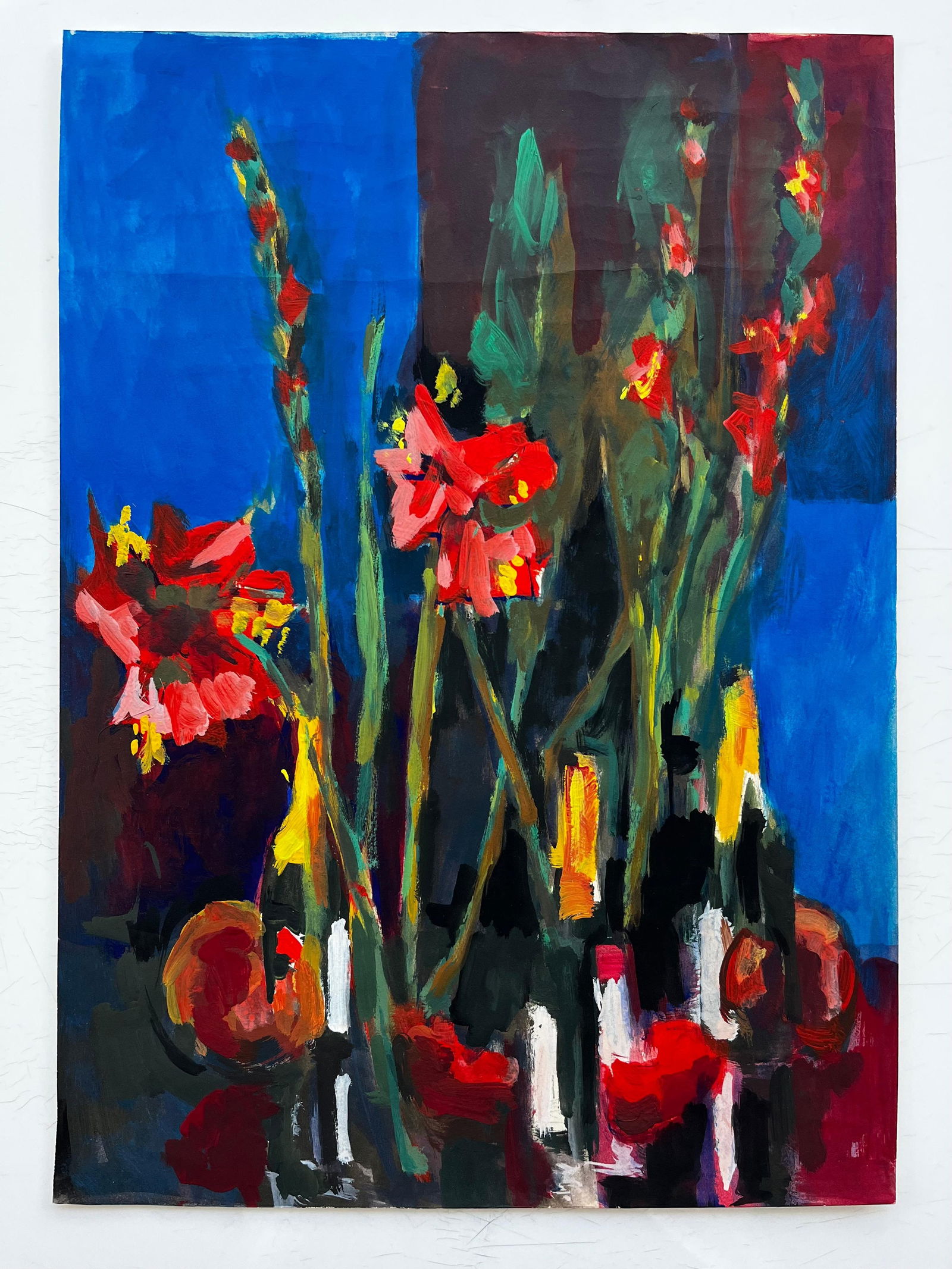 Guy Nicod; Vibrant Floral Still Life With Red Gladiolus And Wine Bottles French Modernist - 13