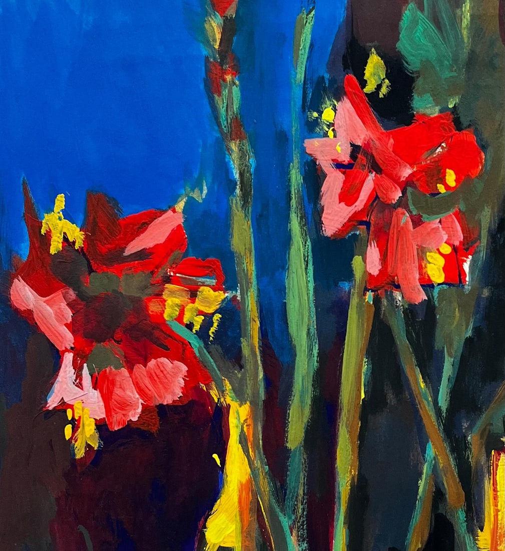 Guy Nicod; Vibrant Floral Still Life With Red Gladiolus And Wine Bottles French Modernist - 6