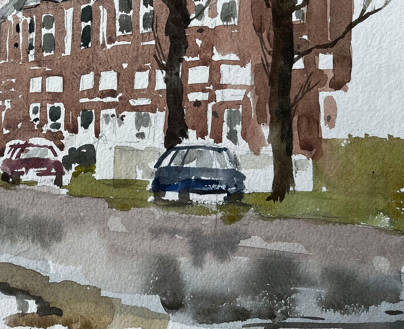 Anthony Herbert; Southwold York Road Scene with Red Brick Terraces Trees and Puddles Watercolour - 7