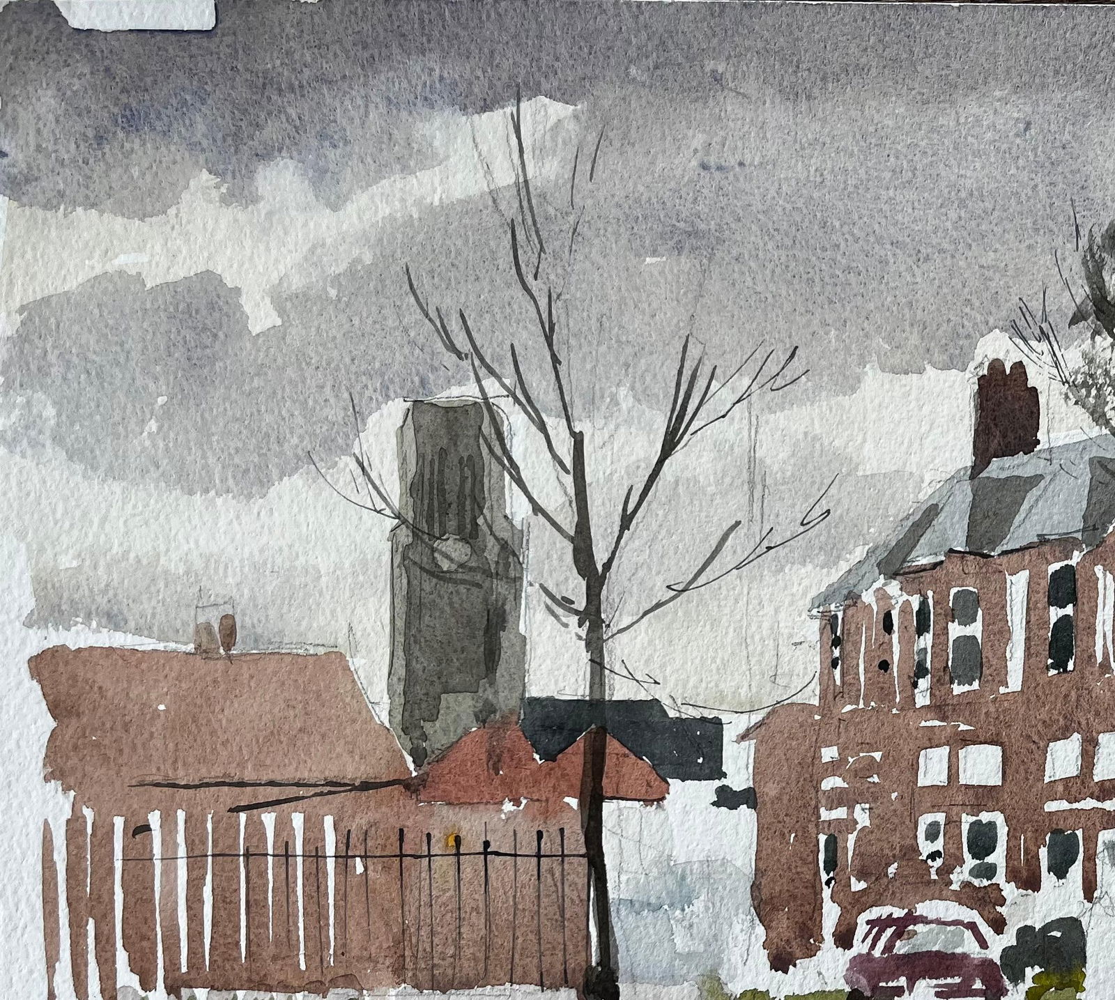 Anthony Herbert; Southwold York Road Scene with Red Brick Terraces Trees and Puddles Watercolour - 8
