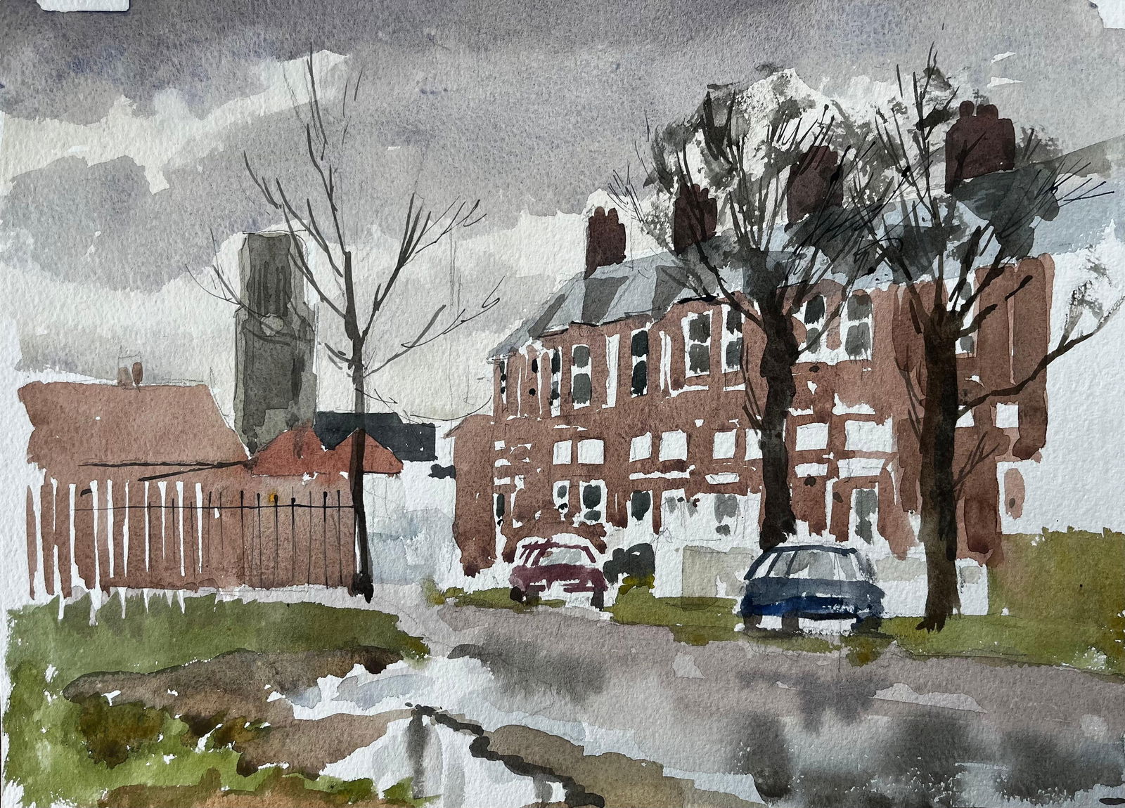 Anthony Herbert; Southwold York Road Scene with Red Brick Terraces Trees and Puddles Watercolour - 4