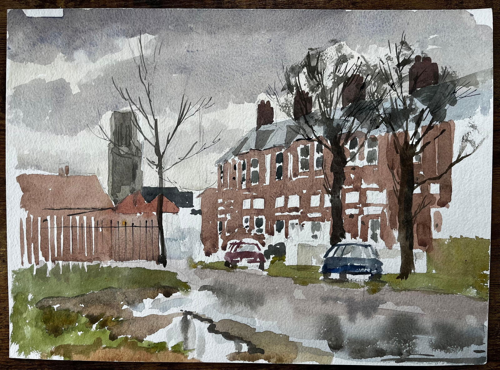 Anthony Herbert; Southwold York Road Scene with Red Brick Terraces Trees and Puddles Watercolour - 5