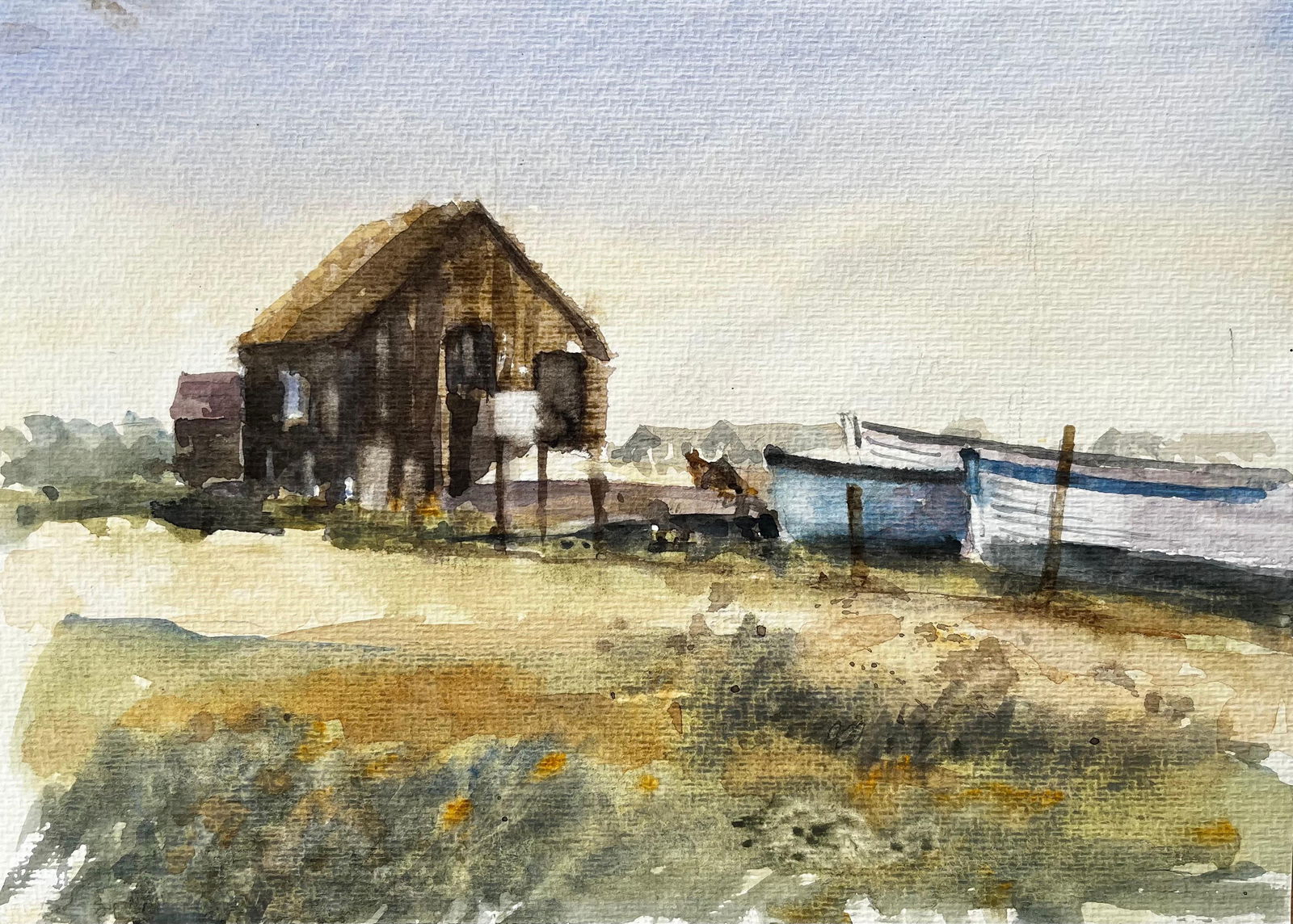 Anthony Herbert; Weathered Coastal Boathouse with Fishing Boats and Dunes Watercolour Painting - 12
