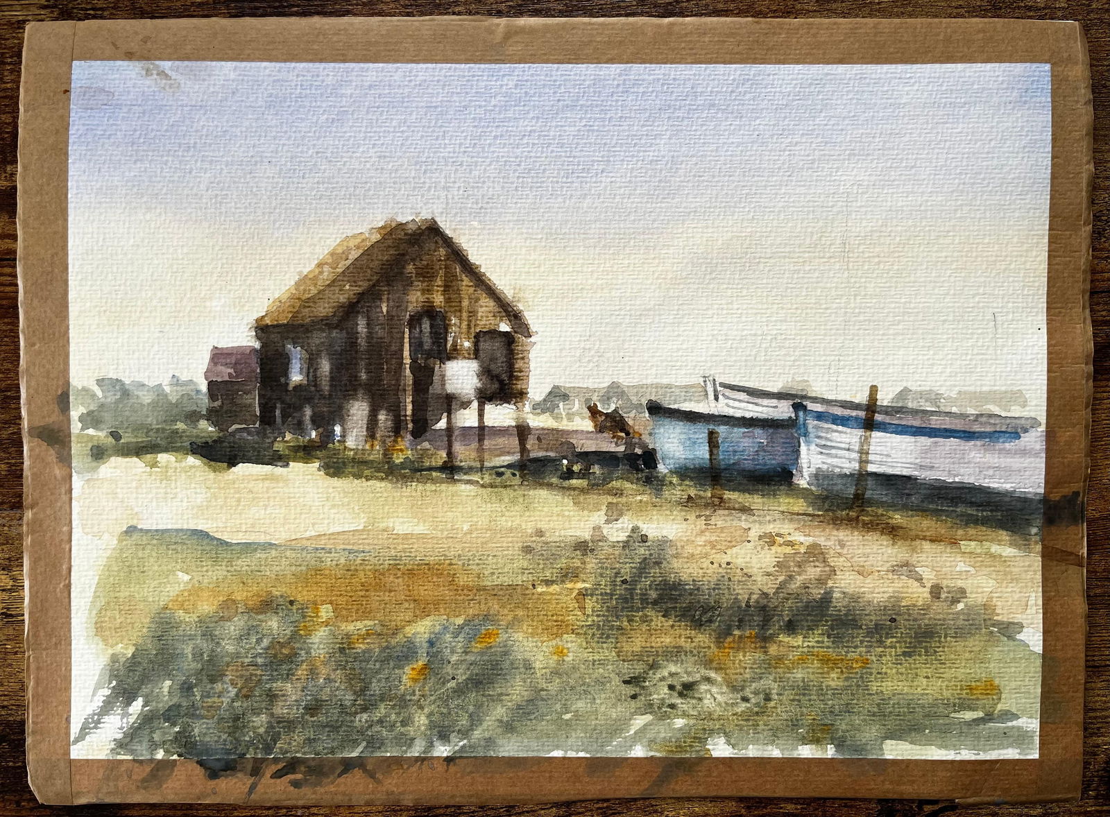 Anthony Herbert; Weathered Coastal Boathouse with Fishing Boats and Dunes Watercolour Painting - 13
