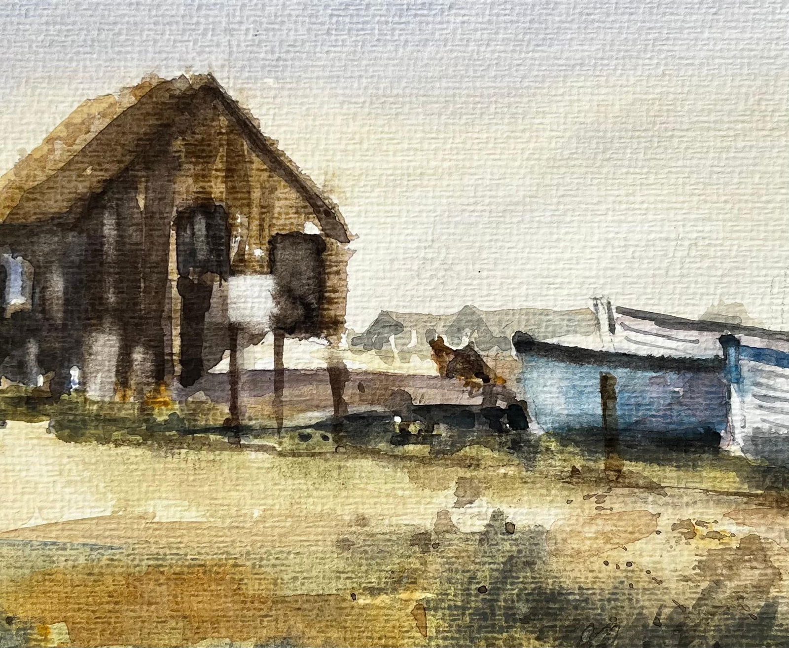 Anthony Herbert; Weathered Coastal Boathouse with Fishing Boats and Dunes Watercolour Painting - 2
