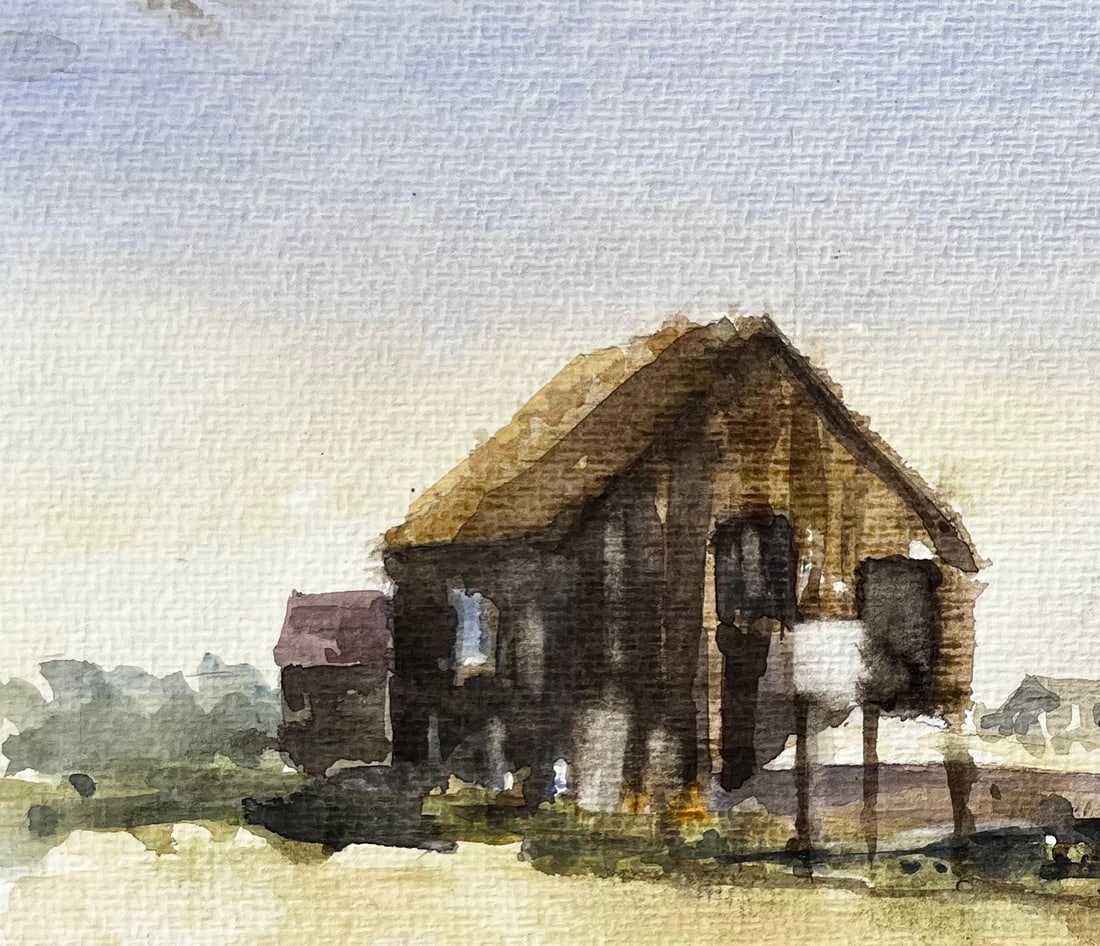 Anthony Herbert; Weathered Coastal Boathouse with Fishing Boats and Dunes Watercolour Painting - 6