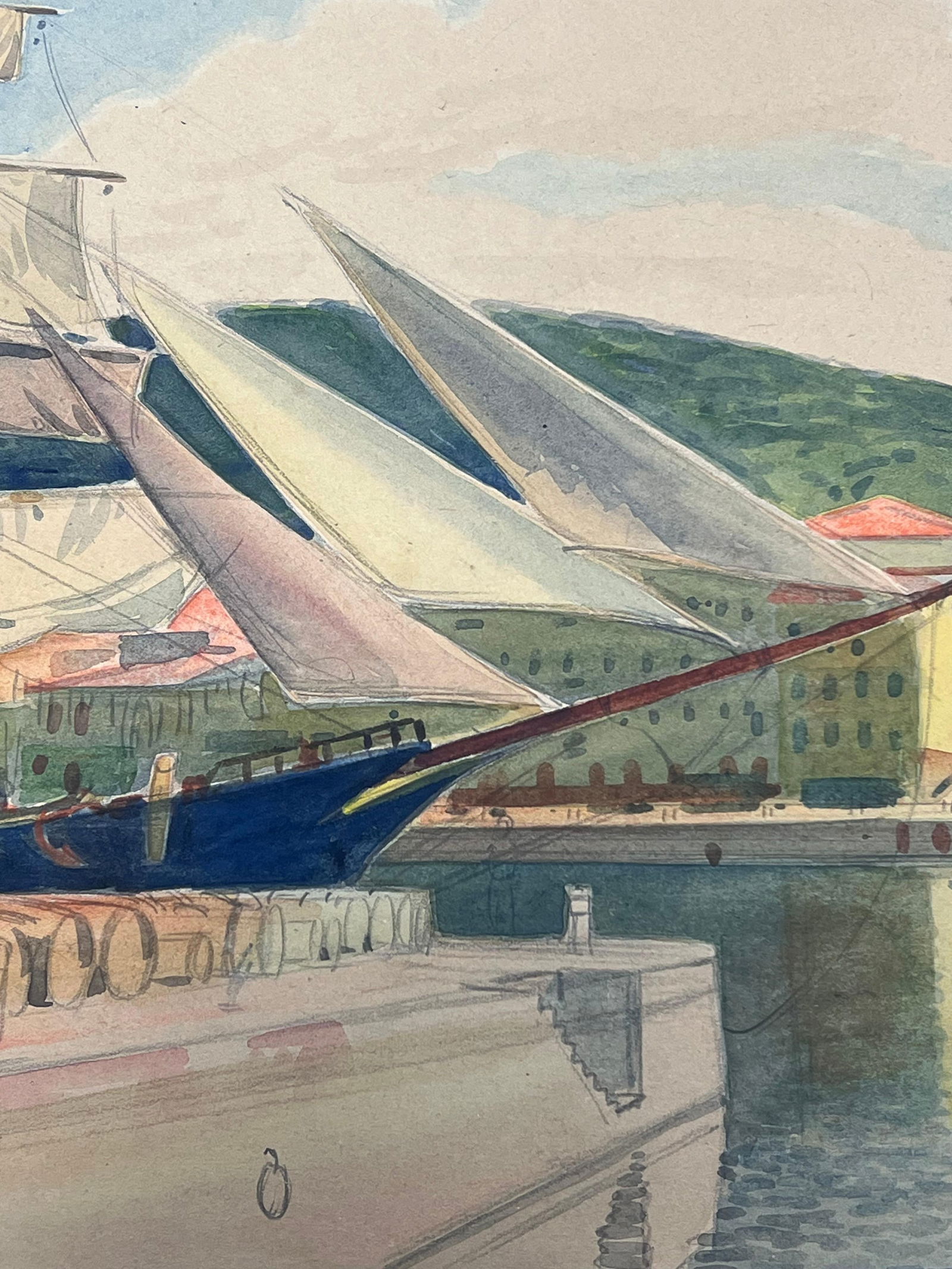 Tony Minartz ; Harbour Scene in Nice France Classic Sailing Yacht with Billowing Sails Painting - 12