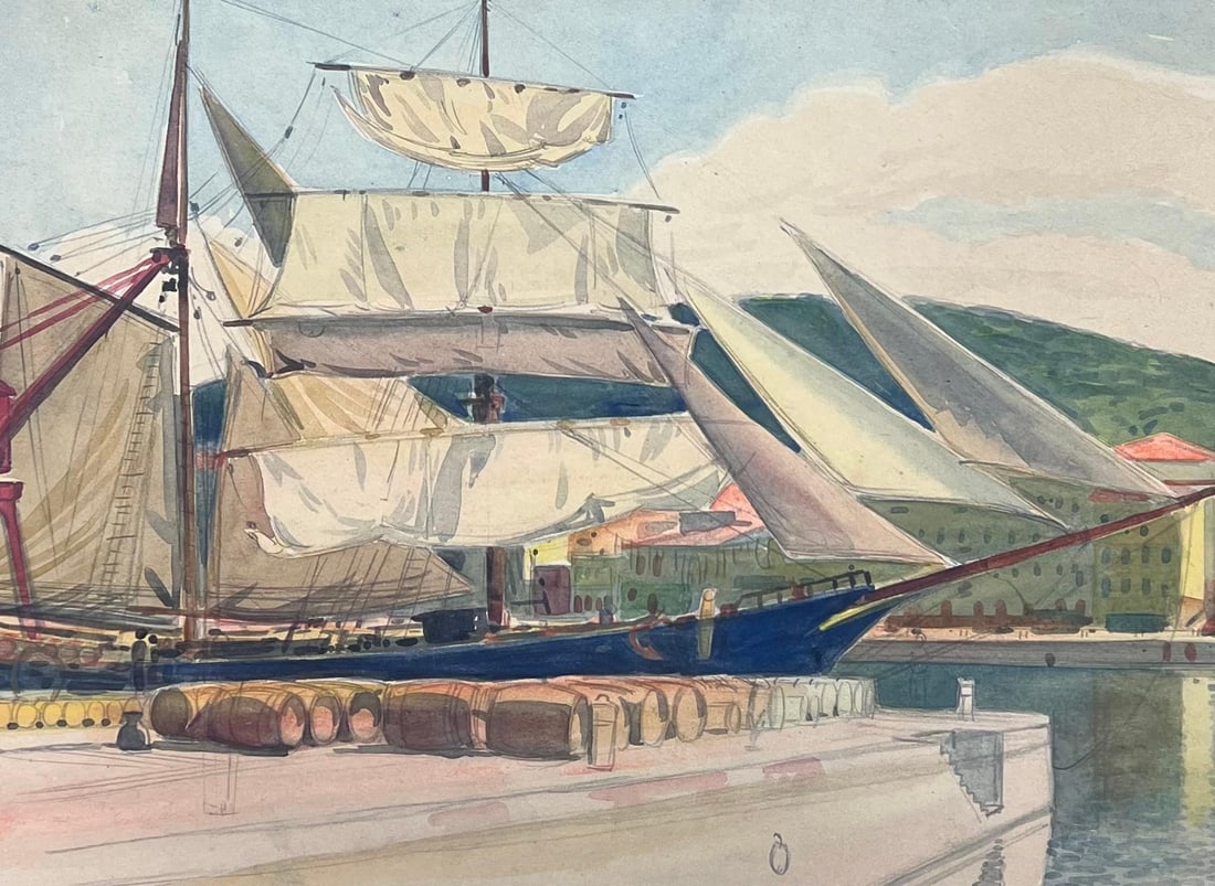 Tony Minartz ; Harbour Scene in Nice France Classic Sailing Yacht with Billowing Sails Painting (1 of 14)