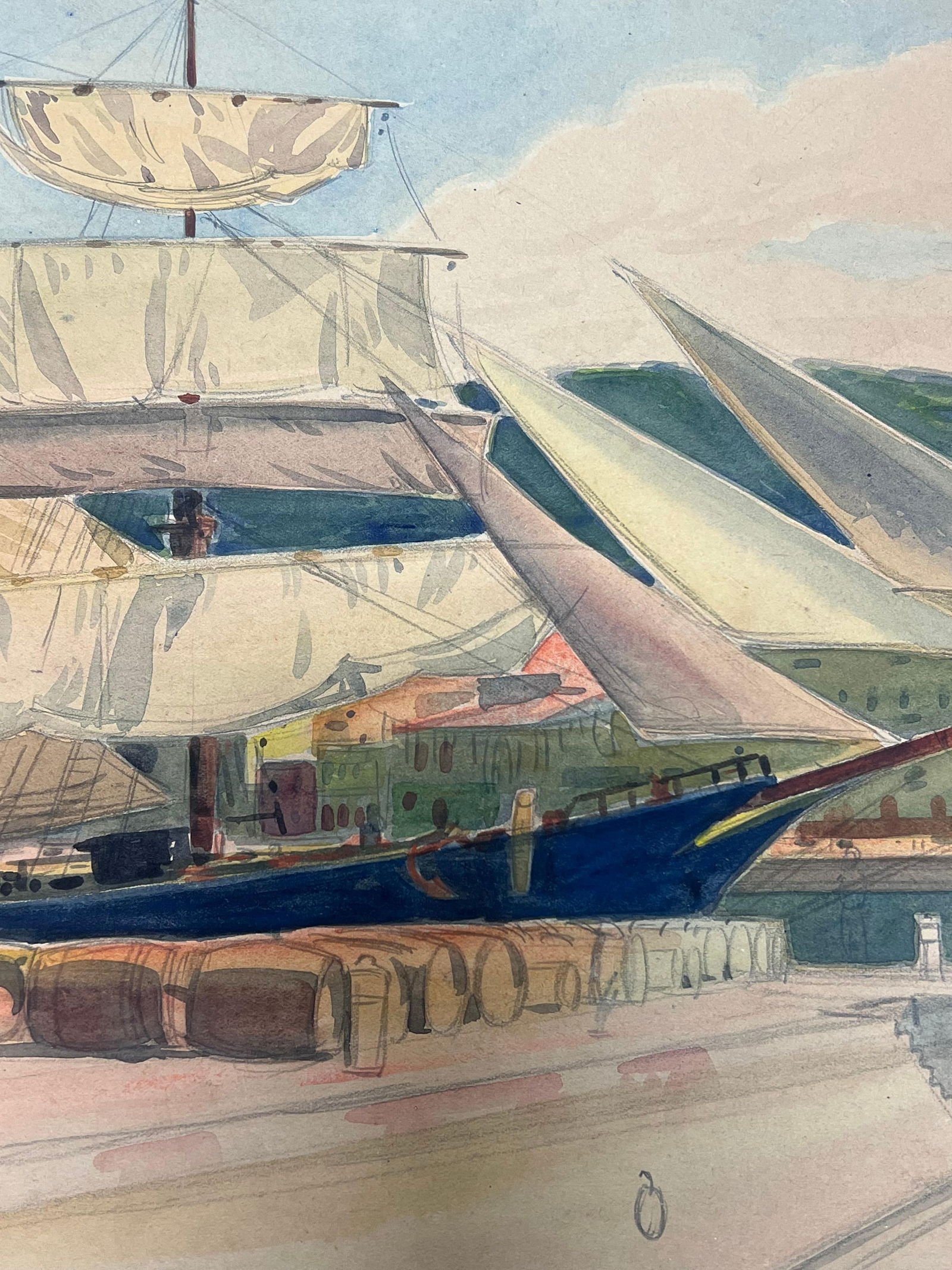 Tony Minartz ; Harbour Scene in Nice France Classic Sailing Yacht with Billowing Sails Painting - 2