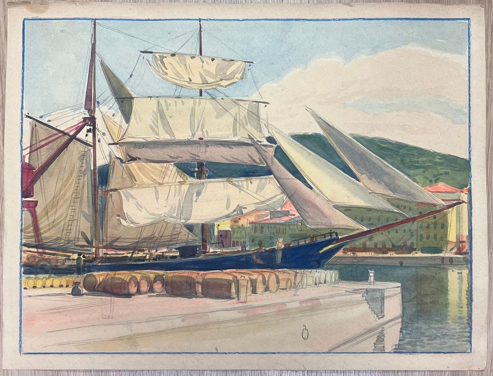 Tony Minartz ; Harbour Scene in Nice France Classic Sailing Yacht with Billowing Sails Painting - 5