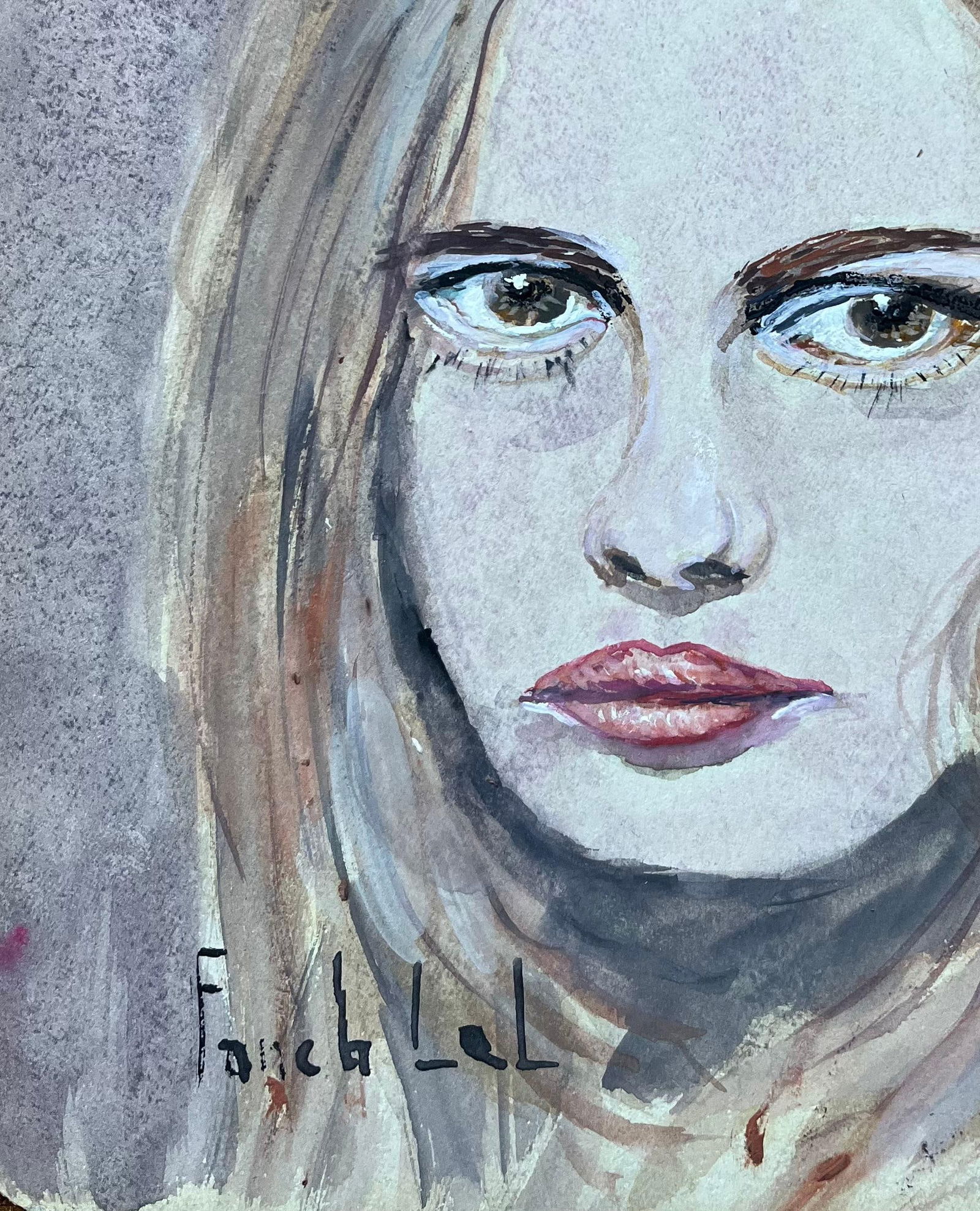 Fanch Lel; French Watercolour Portrait of a Woman with Intense Gaze, 1994 - 10
