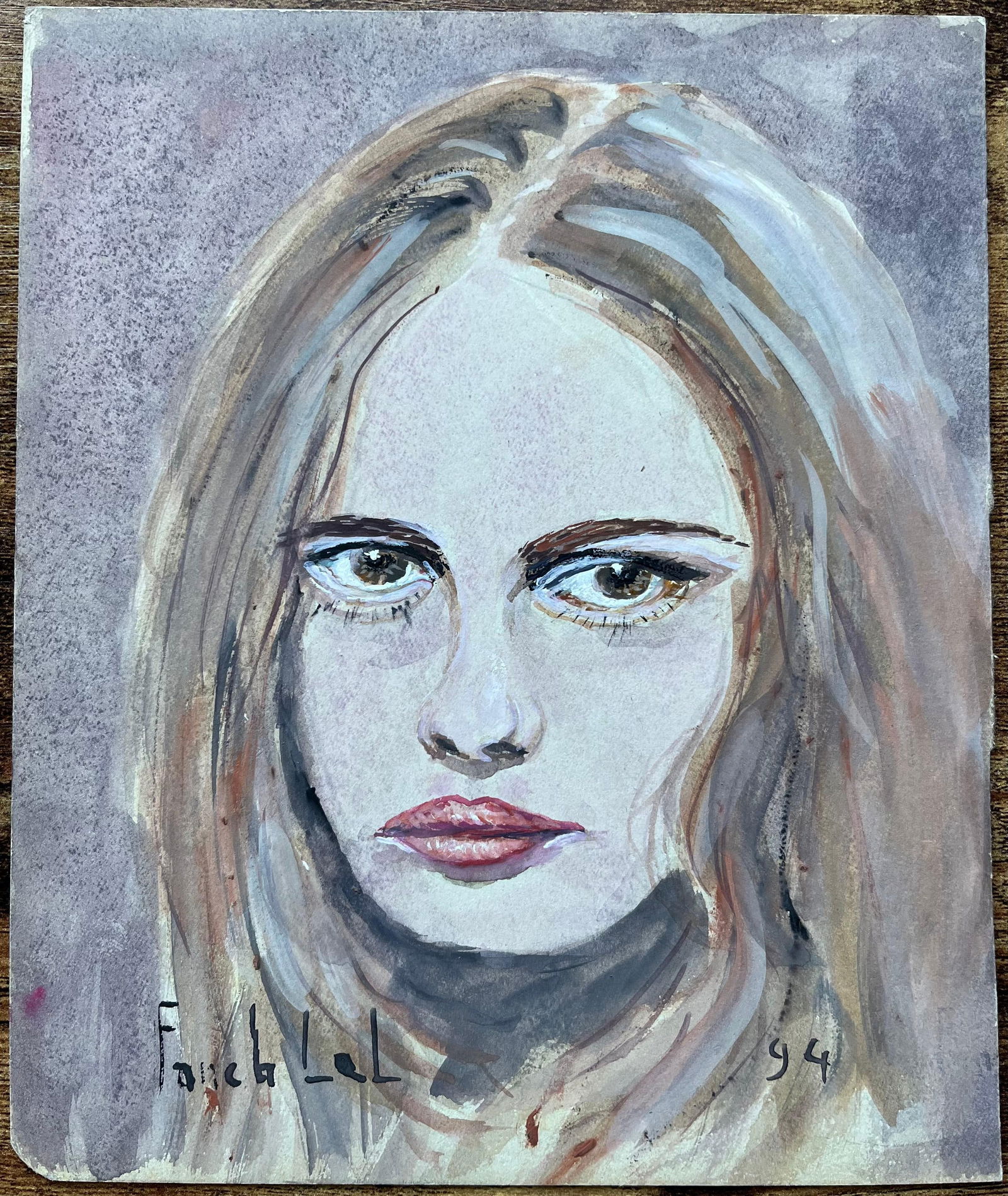 Fanch Lel; French Watercolour Portrait of a Woman with Intense Gaze, 1994 - 15