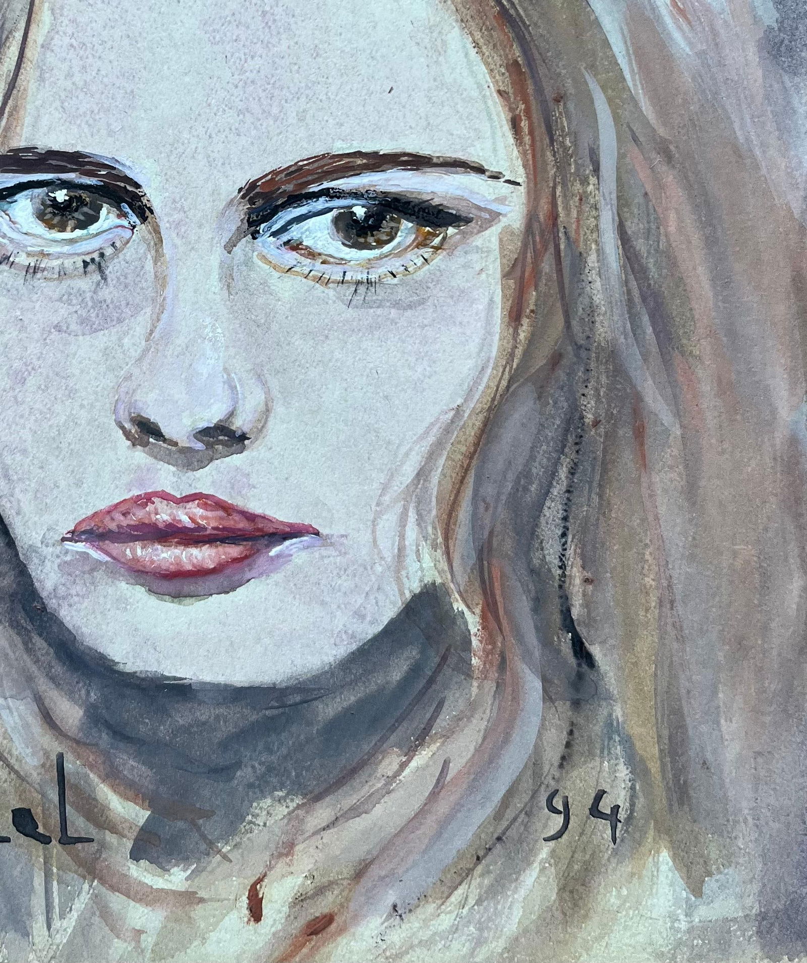 Fanch Lel; French Watercolour Portrait of a Woman with Intense Gaze, 1994 - 16