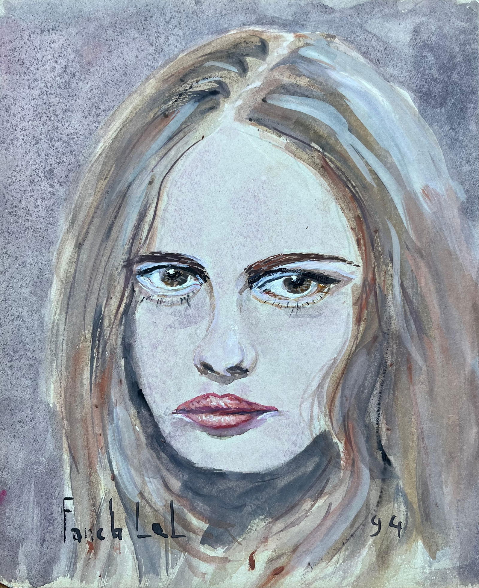 Fanch Lel; French Watercolour Portrait of a Woman with Intense Gaze, 1994 (1 of 19)
