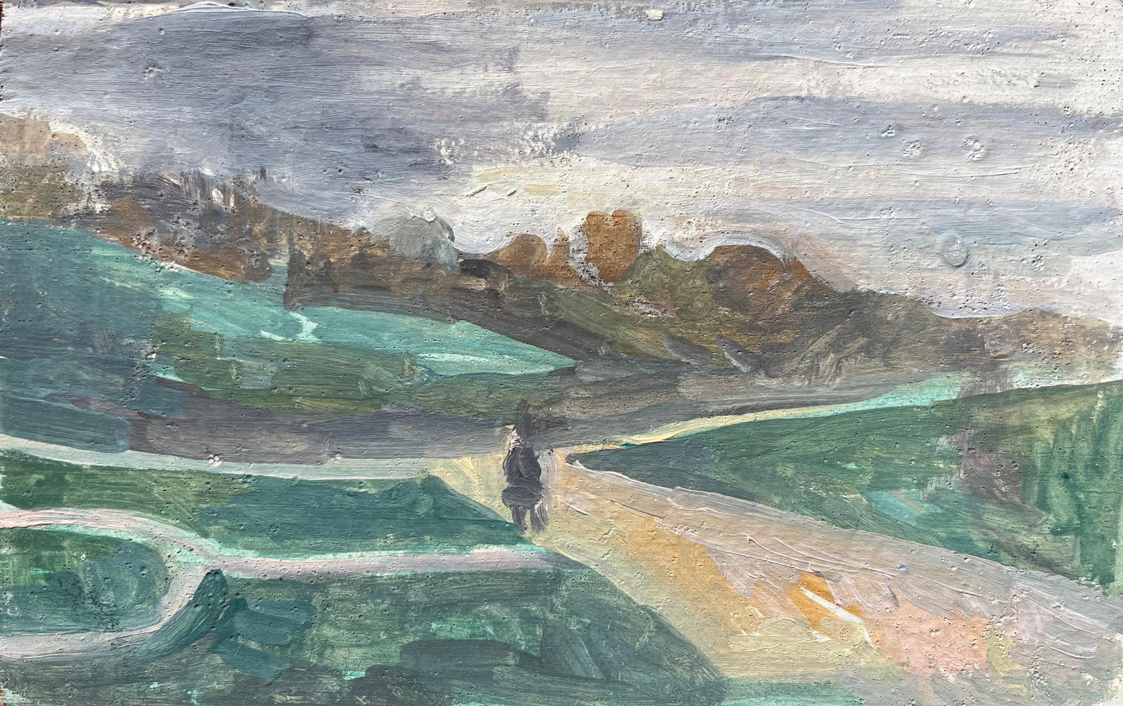 Bernadette Kelly; French Impressionist Oil Painting of a Lone Figure in a Rolling Landscape: Title: Bernadette Kelly; French Impressionist Oil Painting of a Lone Figure in a Rolling Landscape Description: Title: French Impressionist Oil Painting of Figures Strolling in a Tree-Lined Park by