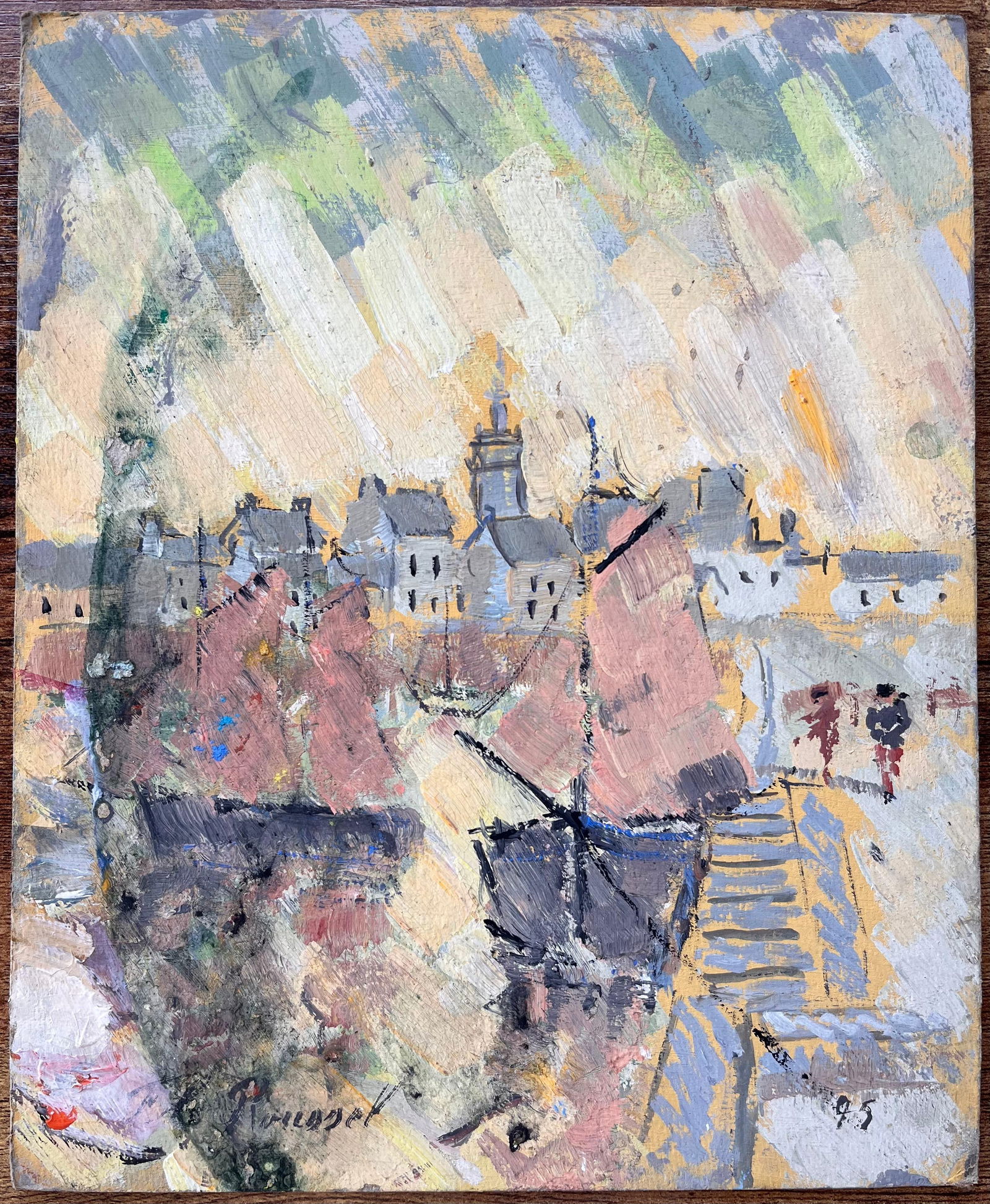 F.T Roussel; French Abstract Port Scene Framed by Sailing Boats and Classic Town Architecture, 1995 - 16