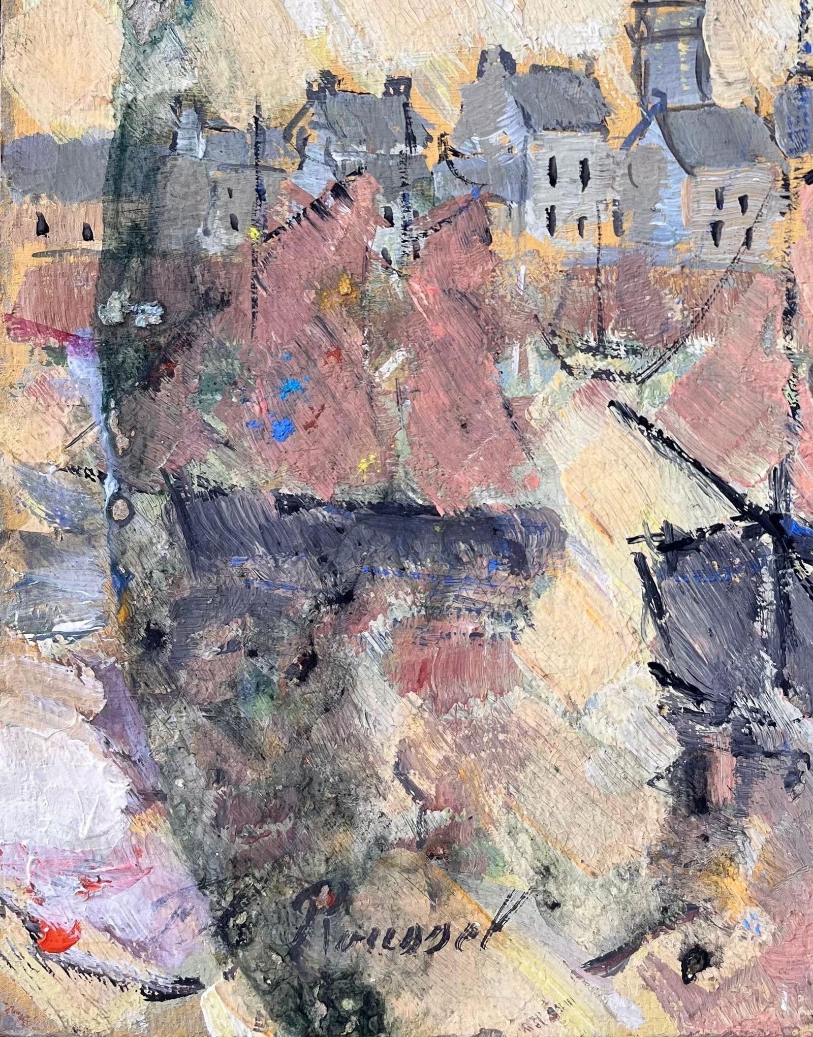 F.T Roussel; French Abstract Port Scene Framed by Sailing Boats and Classic Town Architecture, 1995 - 18