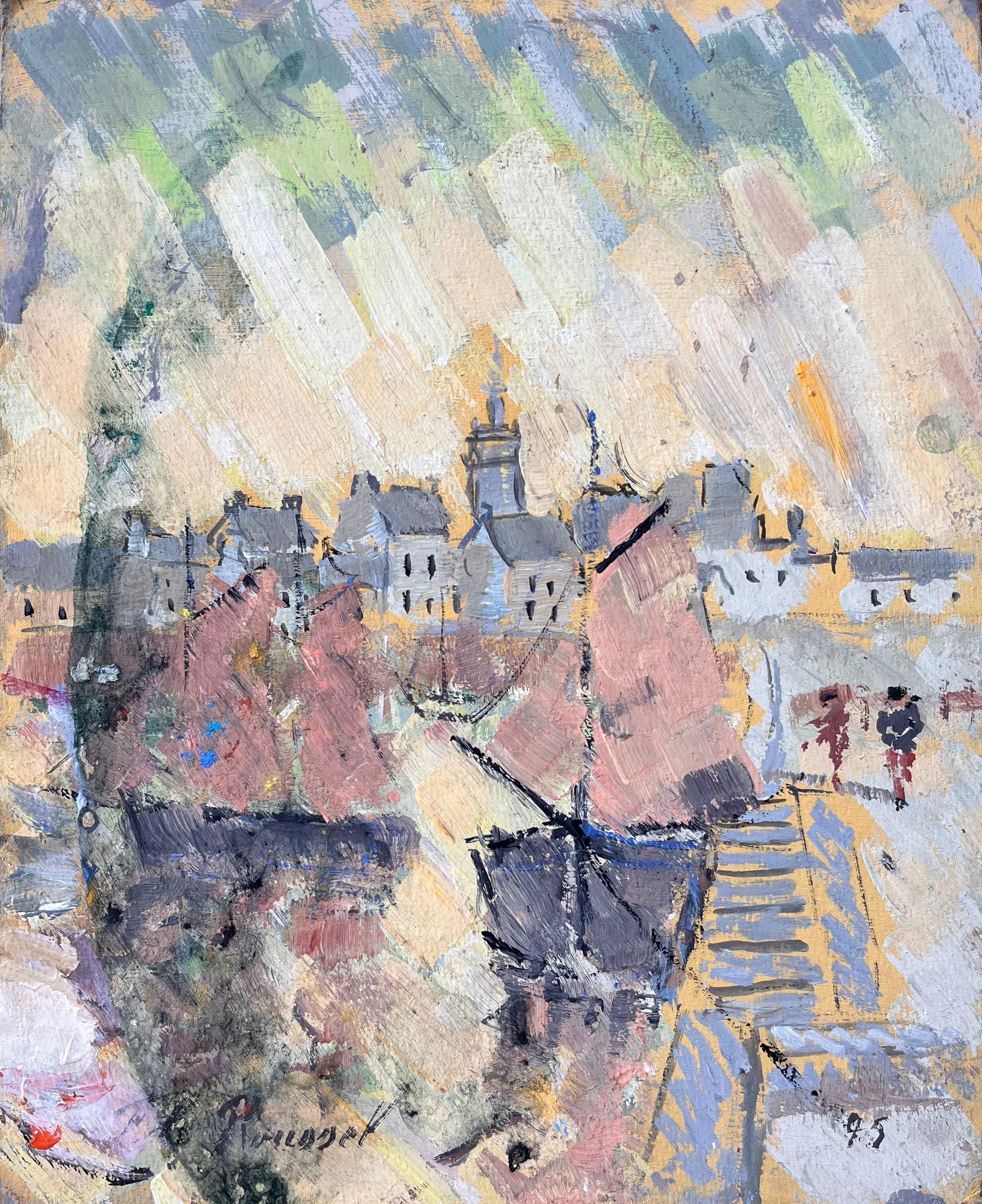 F.T Roussel; French Abstract Port Scene Framed by Sailing Boats and Classic Town Architecture, 1995: Title: F.T Roussel; French Abstract Port Scene Framed by Sailing Boats and Classic Town Architecture, 1995 Description: Title: Impressionist Coastal Scene with Two Small Boats on Green Reflective Wate