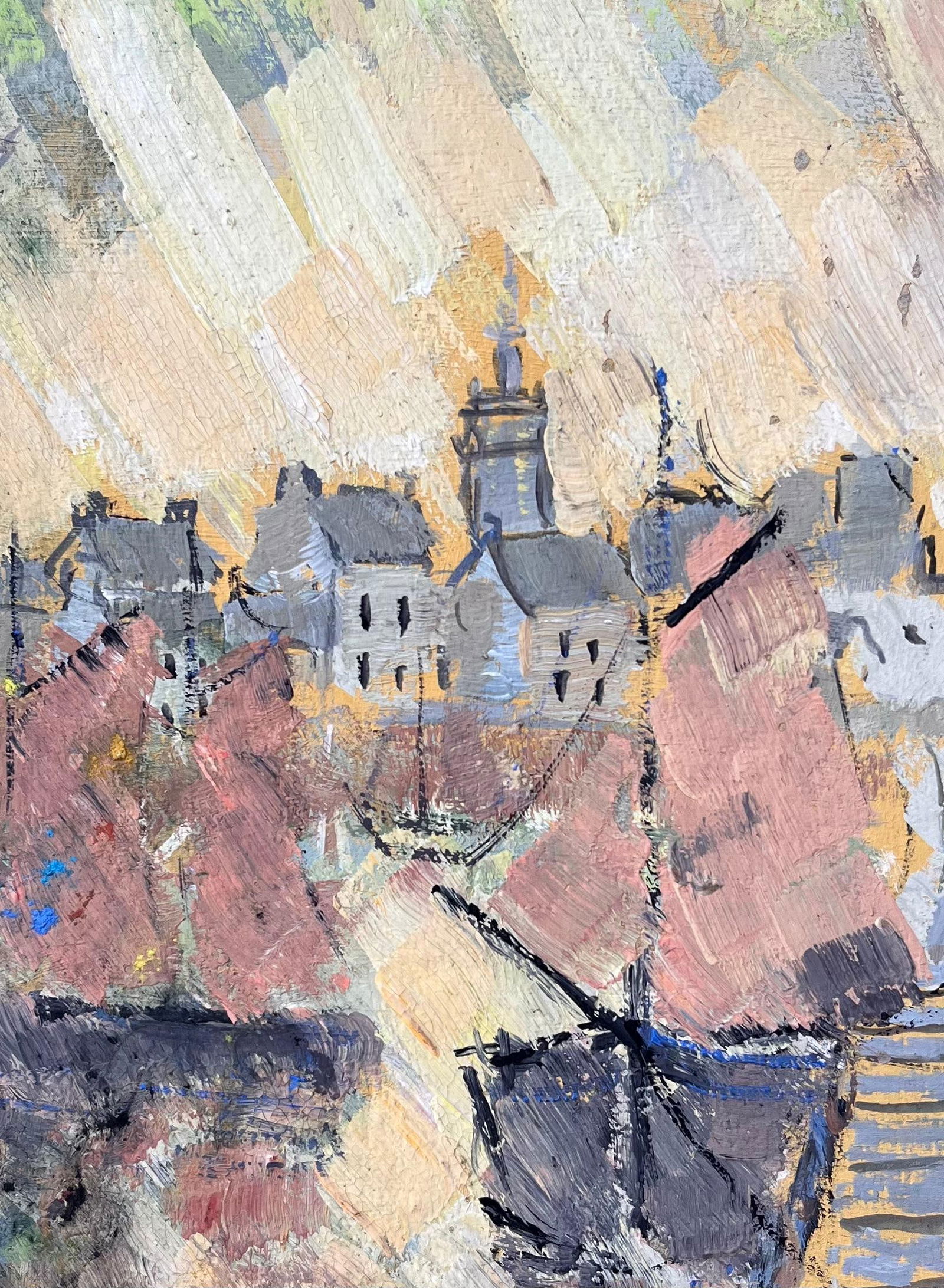 F.T Roussel; French Abstract Port Scene Framed by Sailing Boats and Classic Town Architecture, 1995 - 5