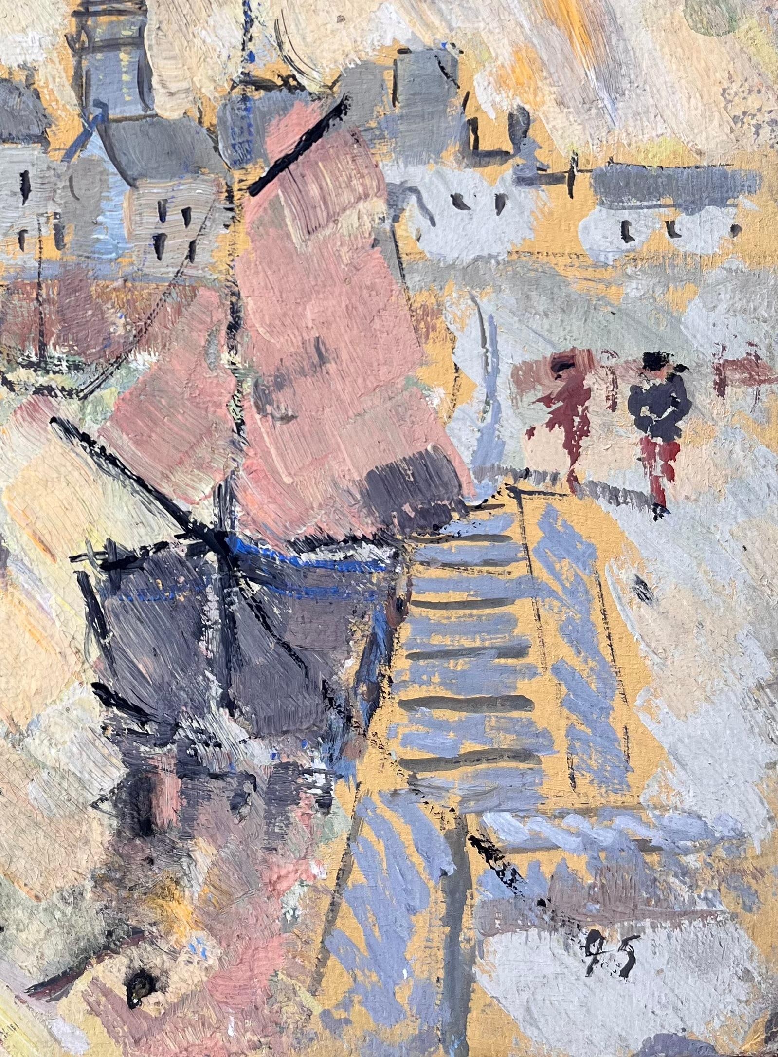 F.T Roussel; French Abstract Port Scene Framed by Sailing Boats and Classic Town Architecture, 1995 - 9