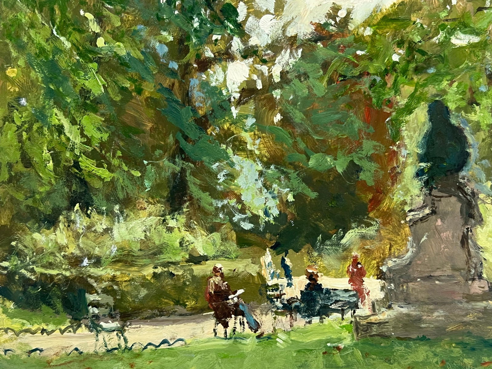 Claude Marin; Parisian Park Scene Dappled Light Figures Statue French Impressionist Signed Oil, 1988 - 10