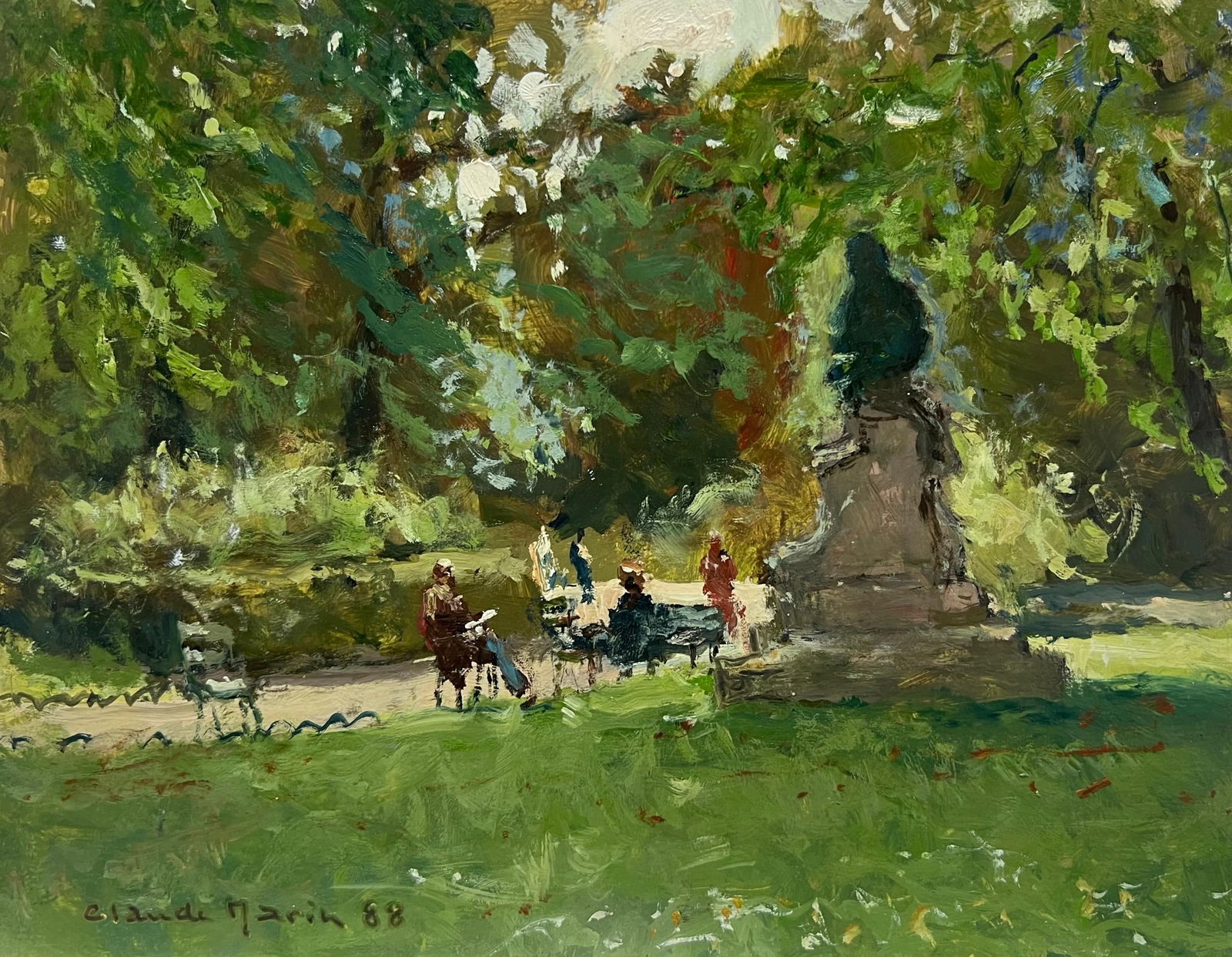 Claude Marin; Parisian Park Scene Dappled Light Figures Statue French Impressionist Signed Oil, 1988 - 13