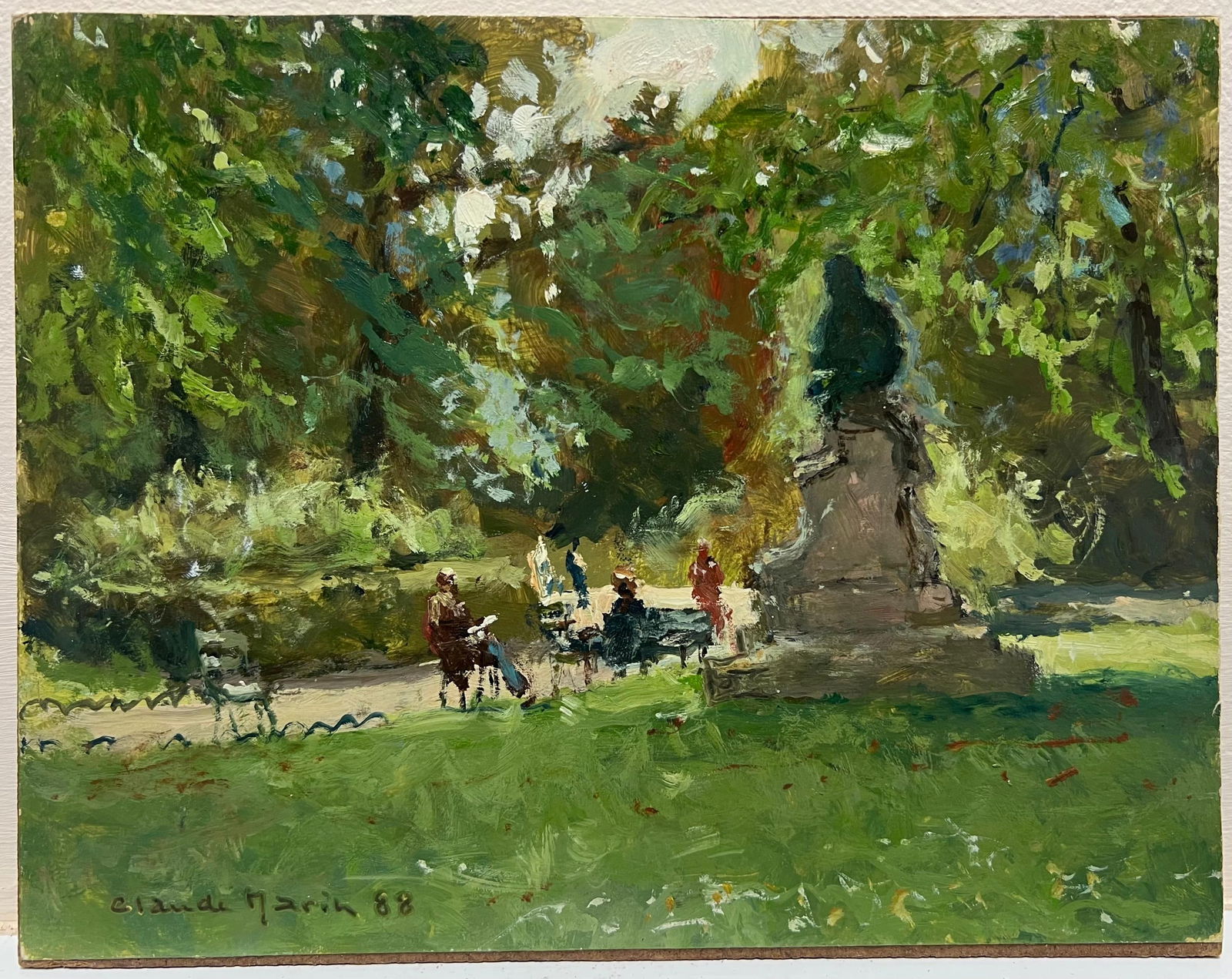 Claude Marin; Parisian Park Scene Dappled Light Figures Statue French Impressionist Signed Oil, 1988 - 2