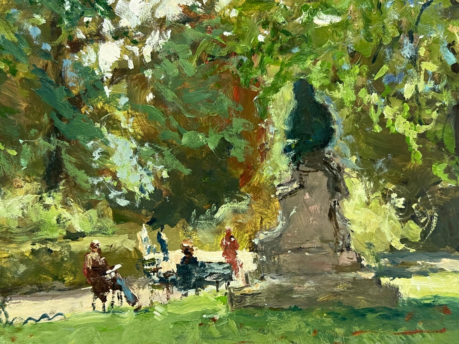 Claude Marin; Parisian Park Scene Dappled Light Figures Statue French Impressionist Signed Oil, 1988 - 3