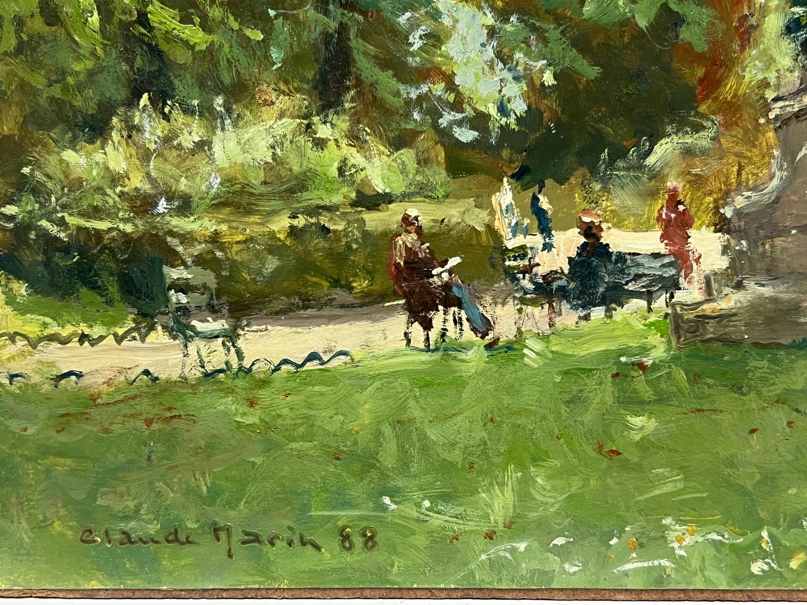 Claude Marin; Parisian Park Scene Dappled Light Figures Statue French Impressionist Signed Oil, 1988 - 5