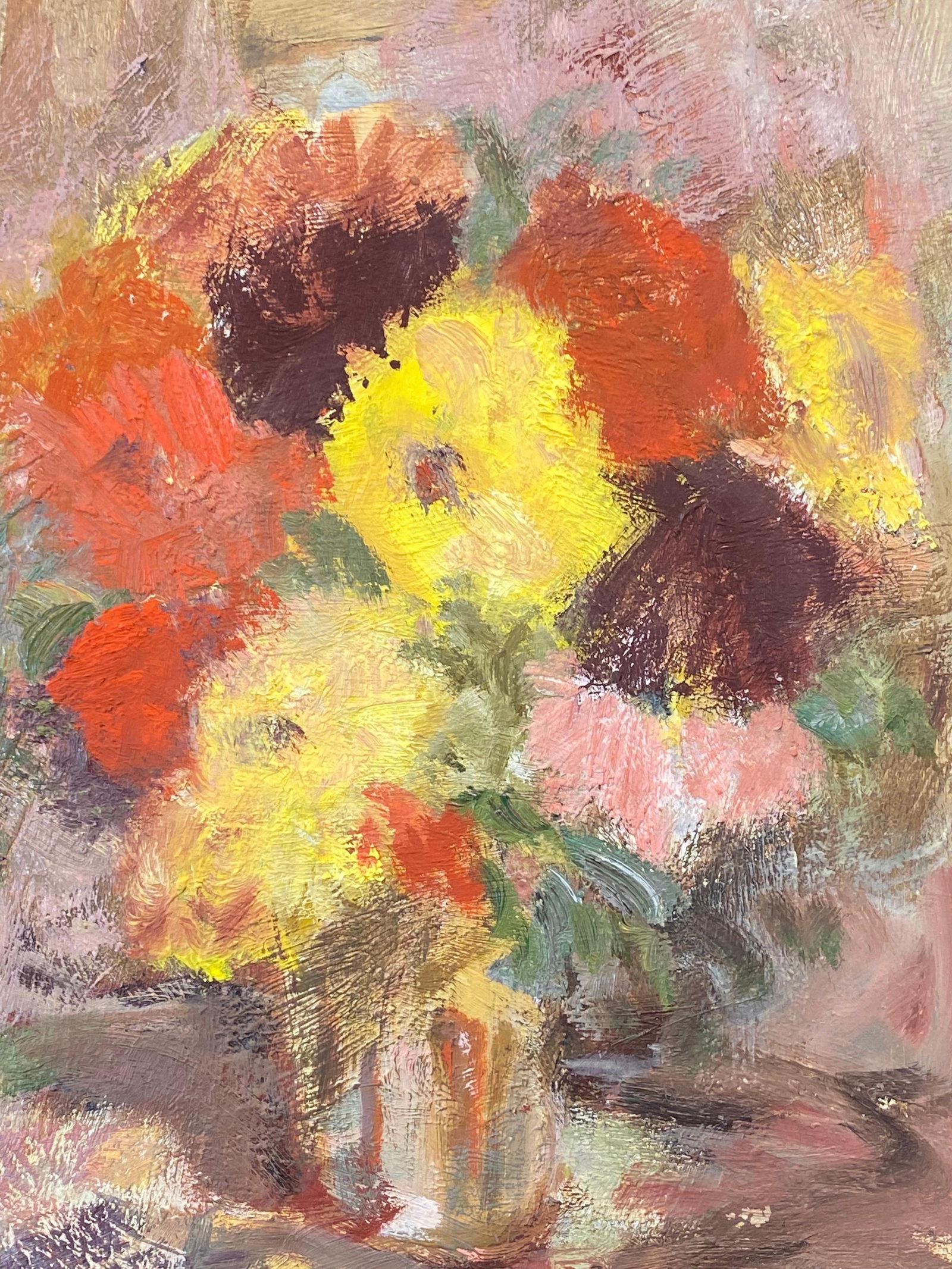 20th Century German Modernist Oil Painting, Vibrant Flowers in Vase, circa 1940s - 2
