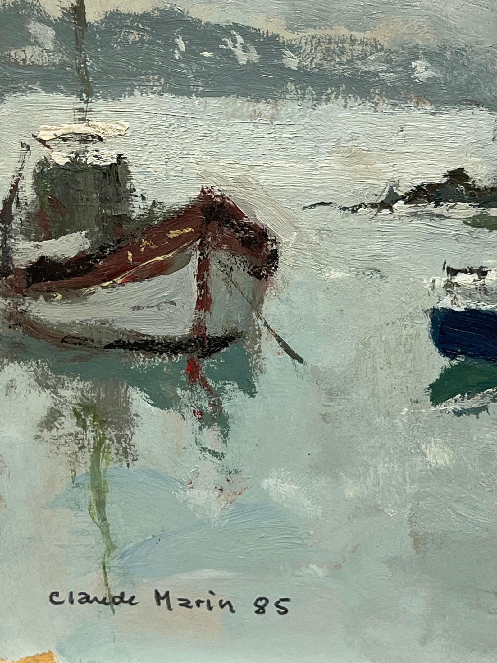 Claude Marin; Tranquil Harbor Boats Moored Calm 20th Century French Impressionist Signed Oil, 1985 - 11