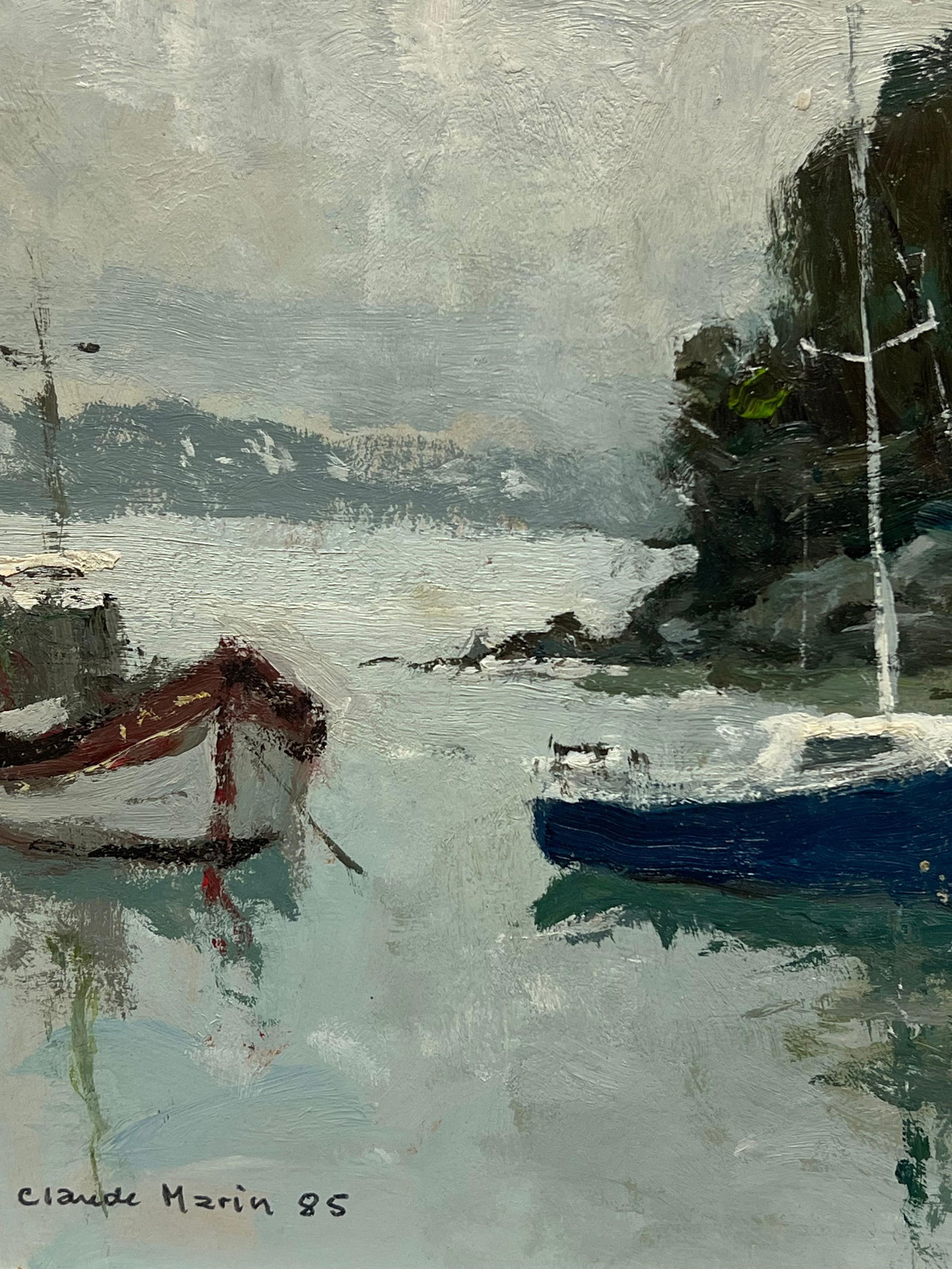Claude Marin; Tranquil Harbor Boats Moored Calm 20th Century French Impressionist Signed Oil, 1985 - 4