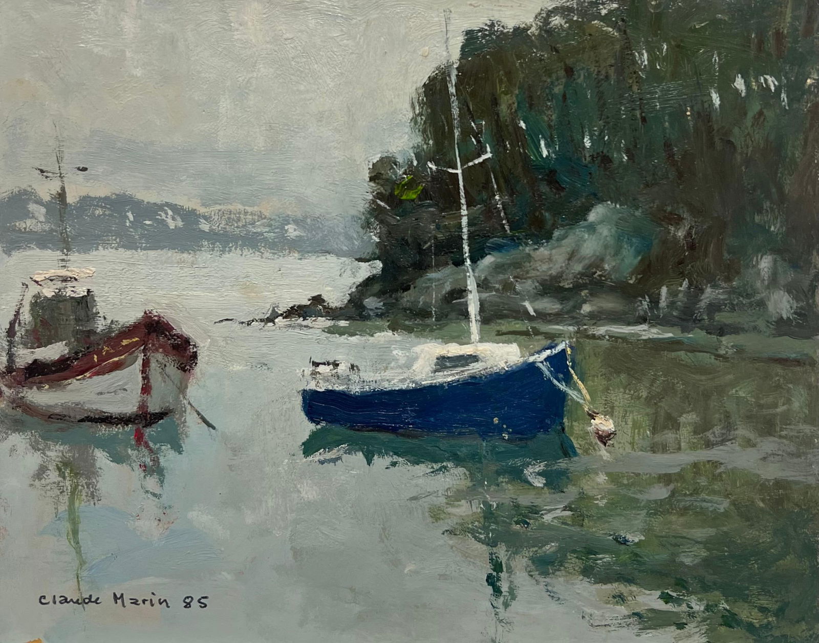 Claude Marin; Tranquil Harbor Boats Moored Calm 20th Century French Impressionist Signed Oil, 1985 - 7