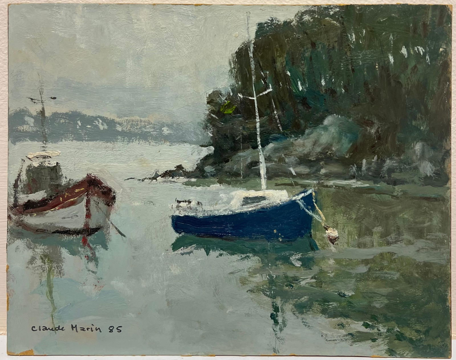 Claude Marin; Tranquil Harbor Boats Moored Calm 20th Century French Impressionist Signed Oil, 1985 - 8