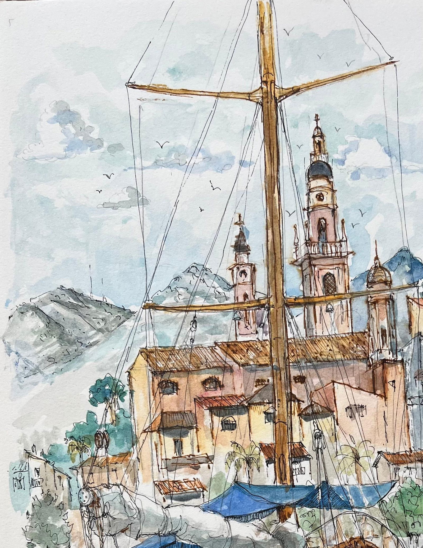 Robert Lepine (1929 - 2017); French Watercolor of Menton Harbor with Boats and Historic Skyline, - 8