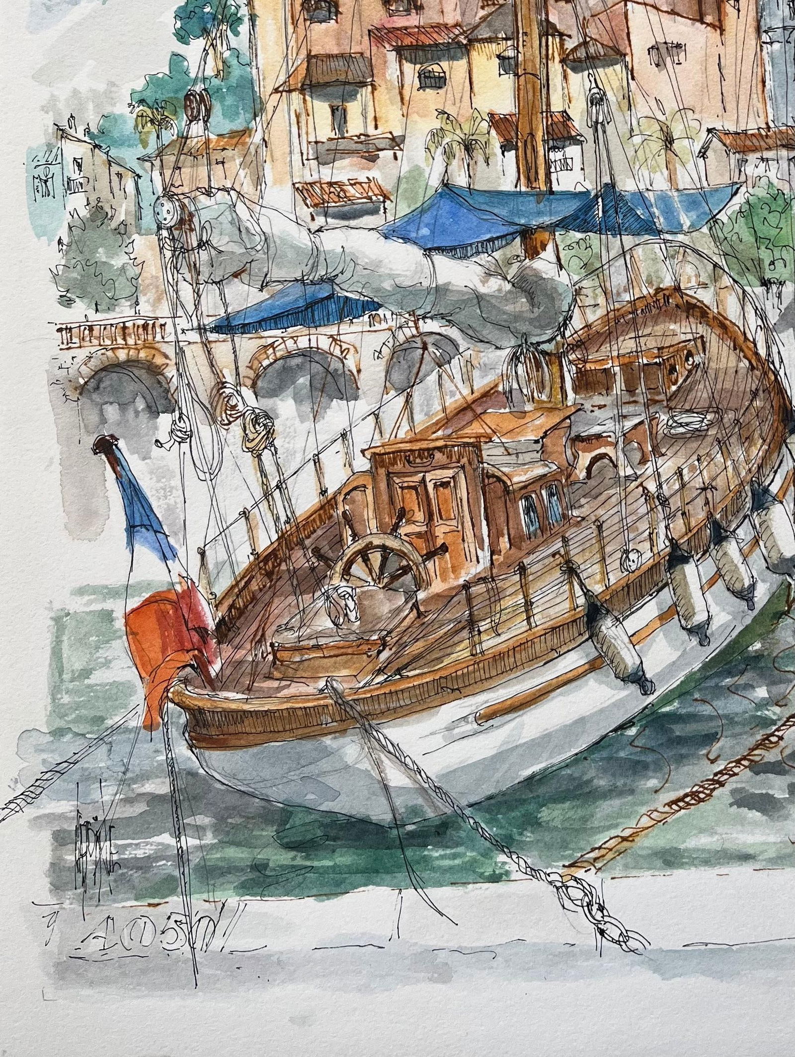 Robert Lepine (1929 - 2017); French Watercolor of Menton Harbor with Boats and Historic Skyline, - 14