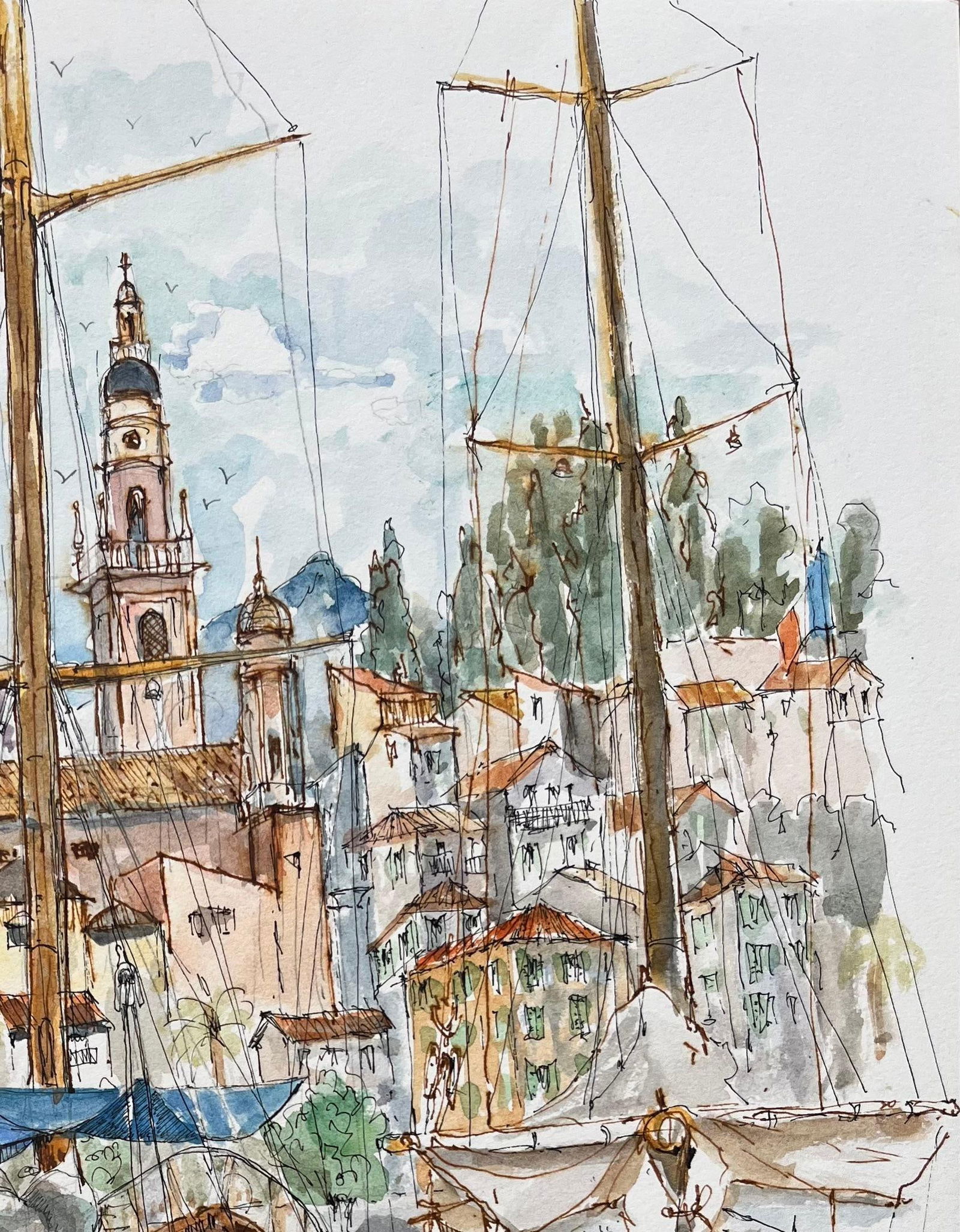 Robert Lepine (1929 - 2017); French Watercolor of Menton Harbor with Boats and Historic Skyline, - 2