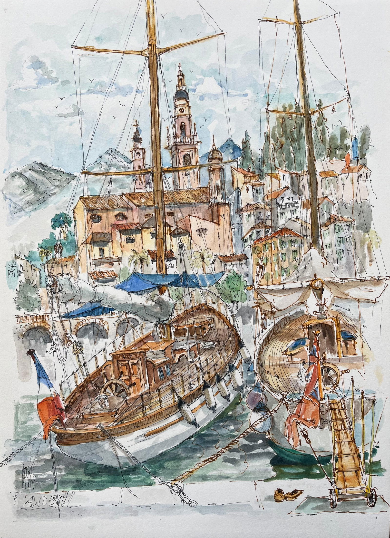 Robert Lepine (1929 - 2017); French Watercolor of Menton Harbor with Boats and Historic Skyline, - 4