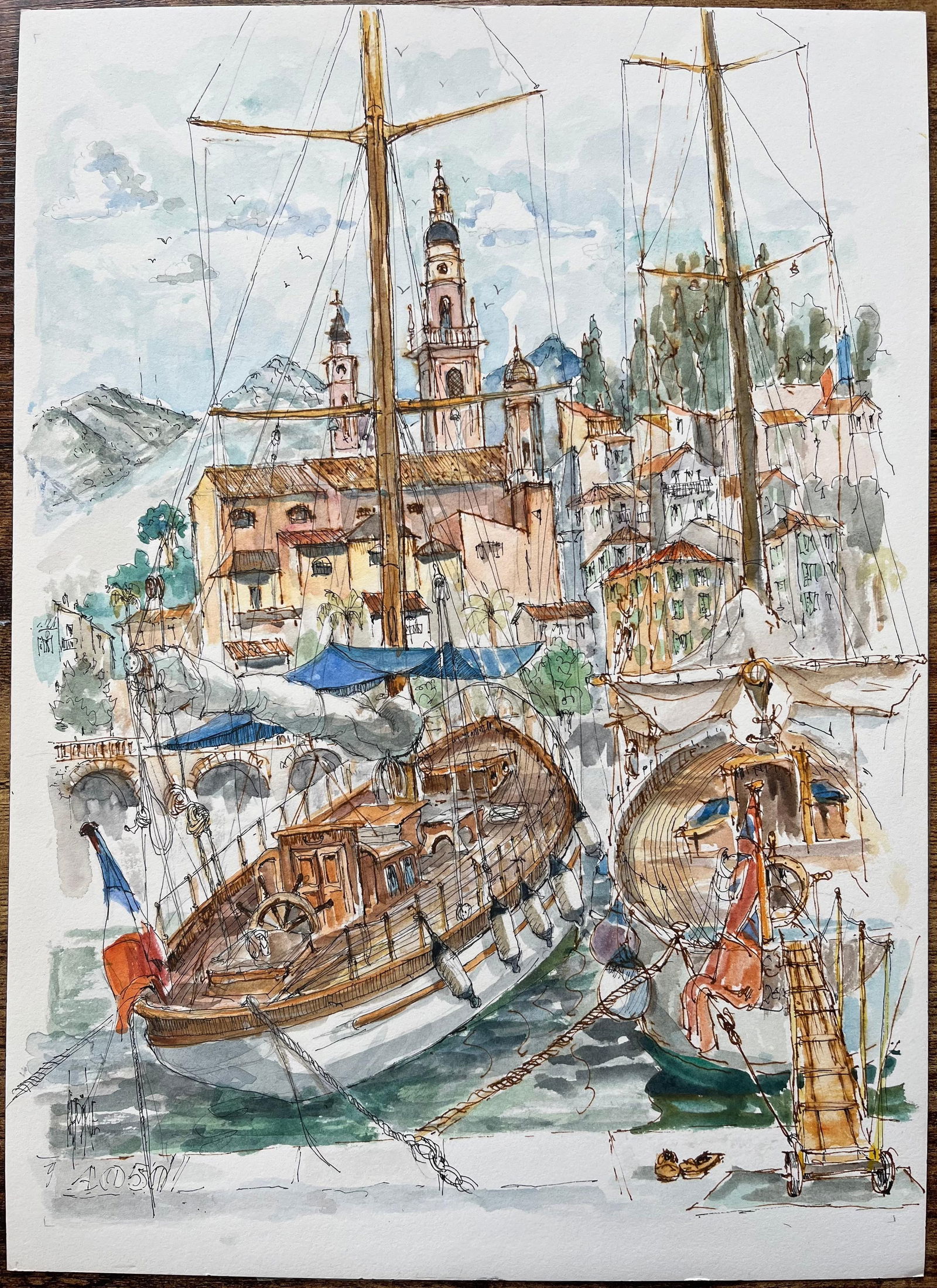 Robert Lepine (1929 - 2017); French Watercolor of Menton Harbor with Boats and Historic Skyline, - 5