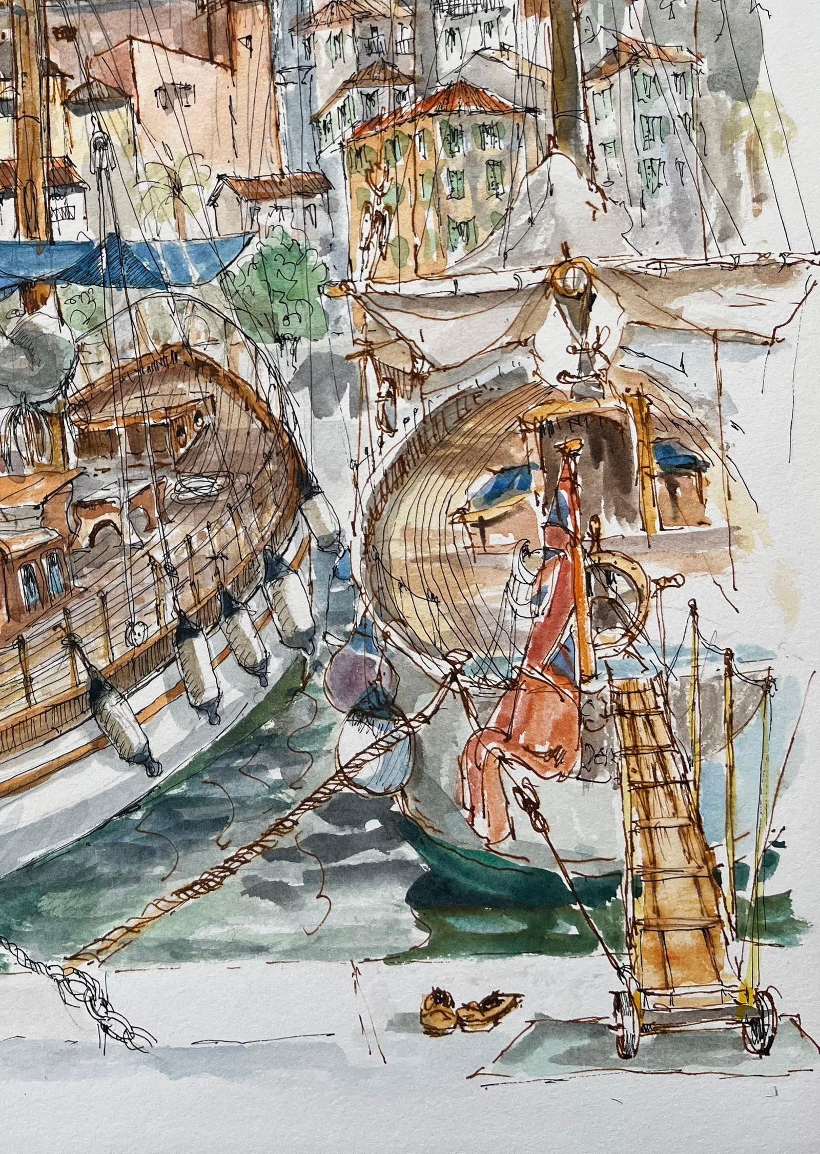 Robert Lepine (1929 - 2017); French Watercolor of Menton Harbor with Boats and Historic Skyline, - 6