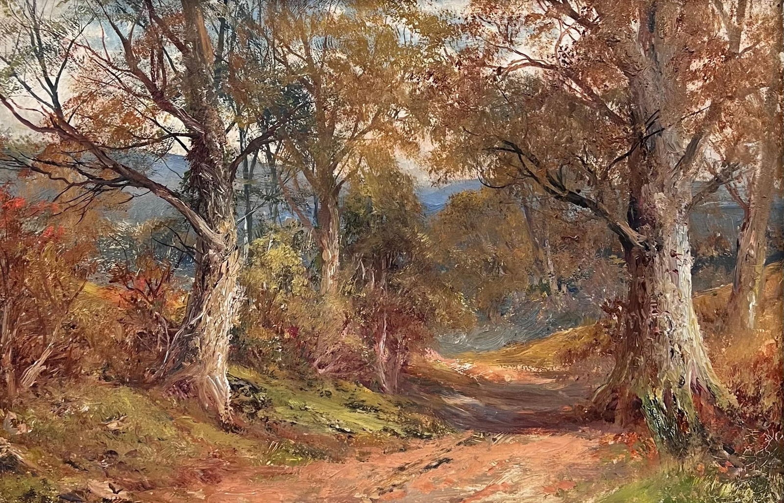 Autumnal Woodland Pathway Antique English Oil Painting in Gilt Frame - 5