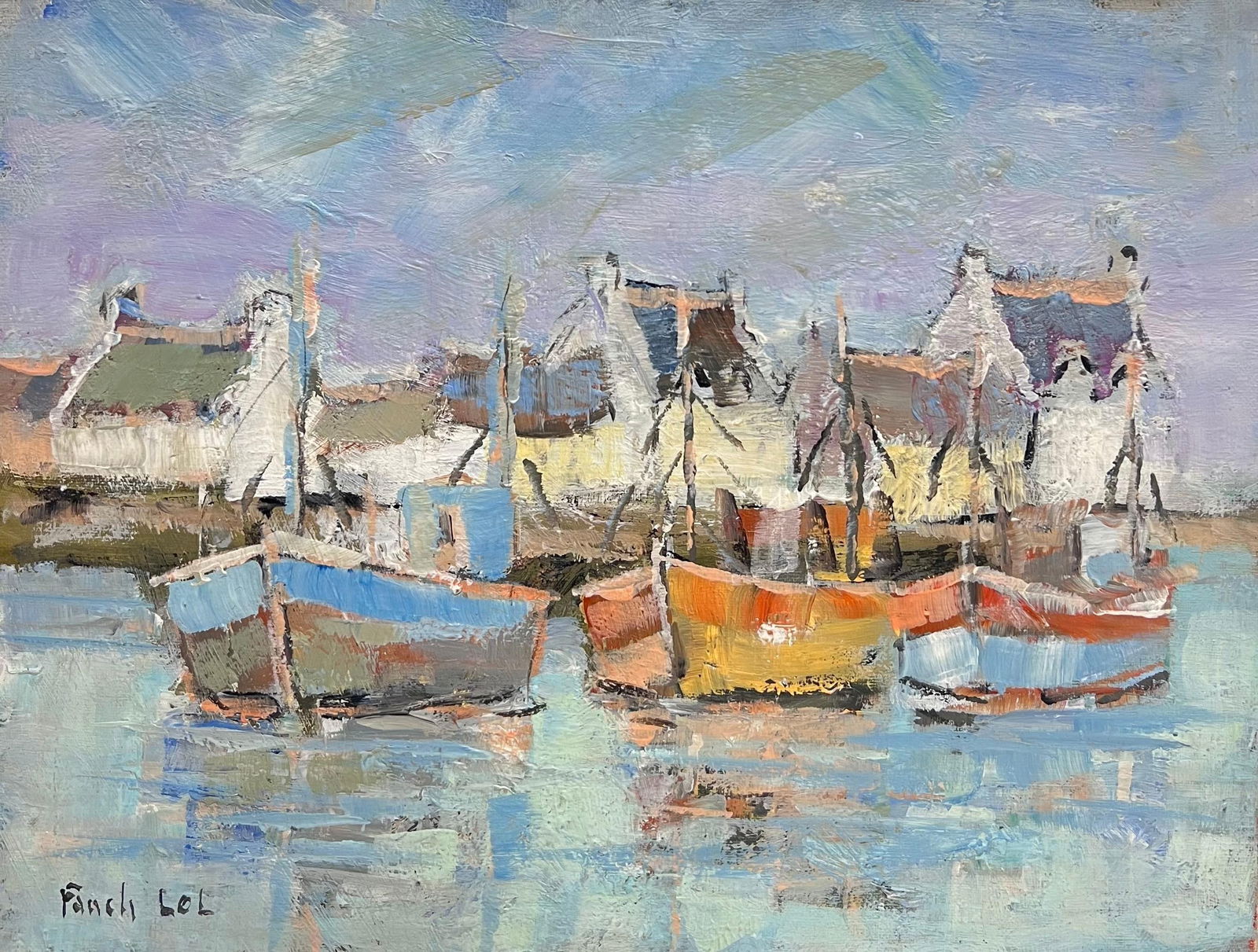 Fanch Lel; Bright & Colourful Boats In The Blue Summer Harbour French Oil Painting - 4