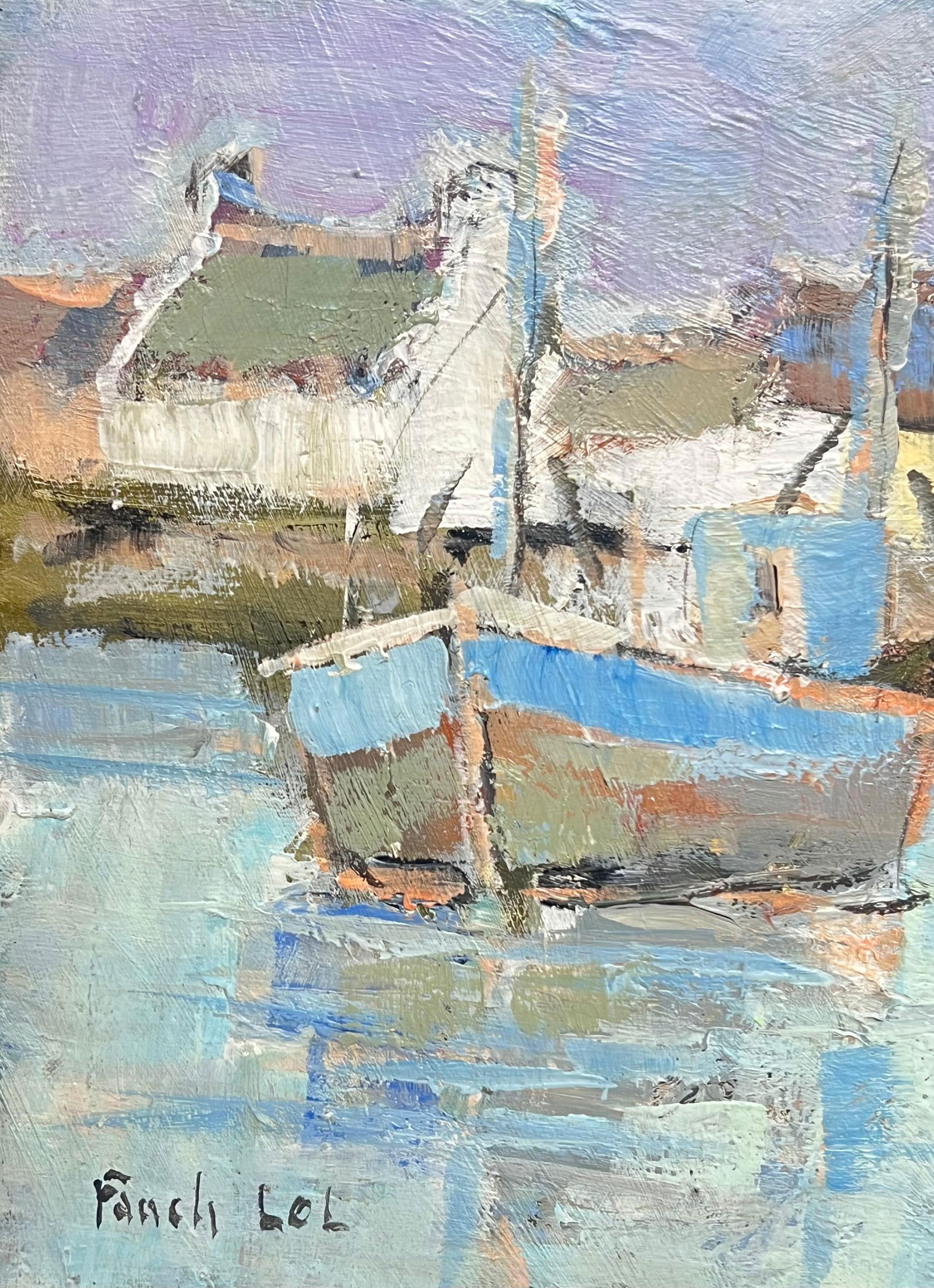Fanch Lel; Bright & Colourful Boats In The Blue Summer Harbour French Oil Painting - 6