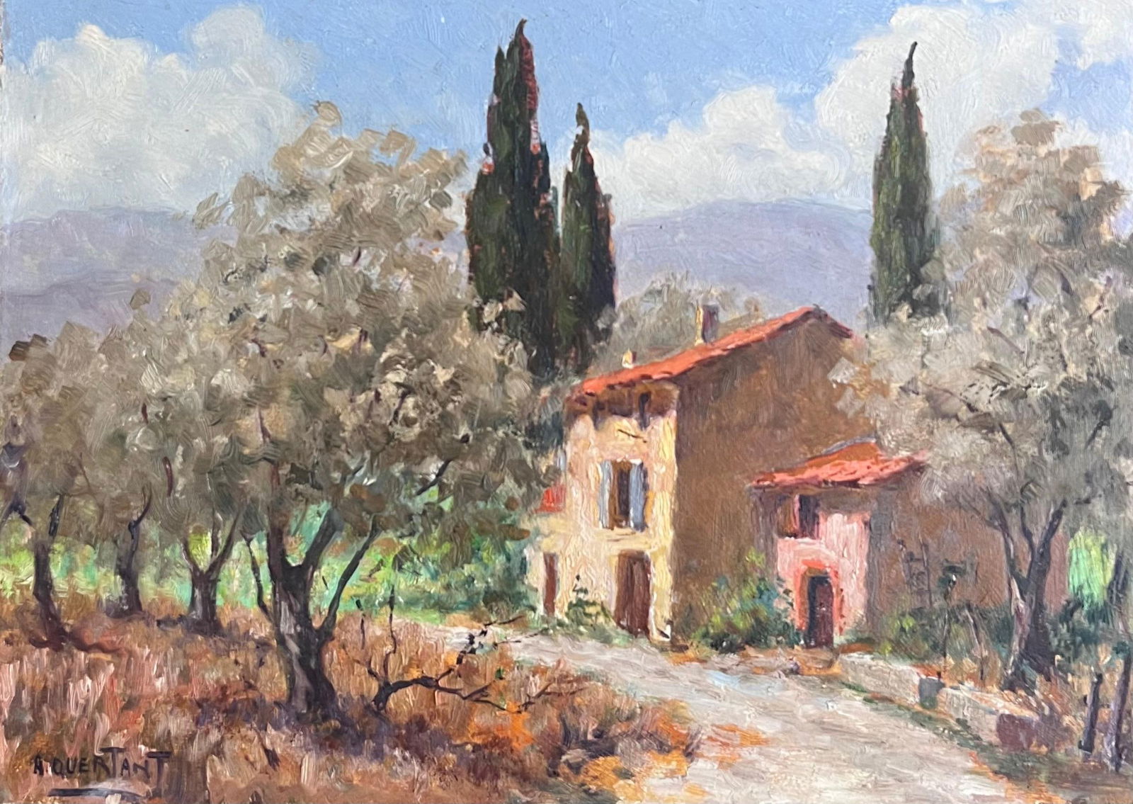 French School; Mid 20th Century French Impressionist Signed Oil Painting Stone Cottage Provence: Title: French School; Mid 20th Century French Impressionist Signed Oil Painting Stone Cottage Provence Description: Title: French Impressionist Seaside View with Boats and Cliffside Chapel By F.T. Rou