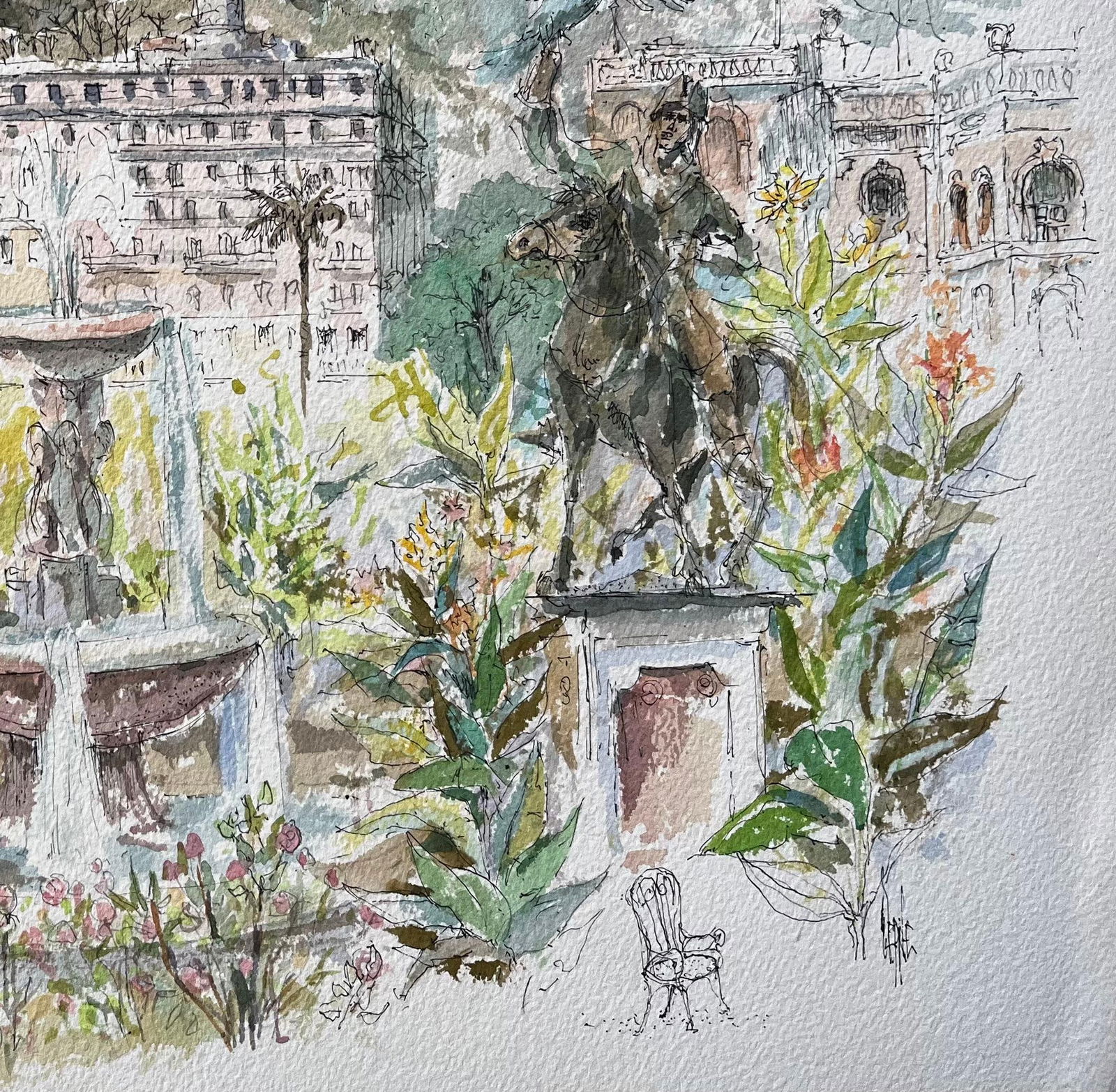 Robert Lepine (1929 - 2017); French Watercolor of Monte Carlo Gardens Set Against the Monaco Hills, - 7