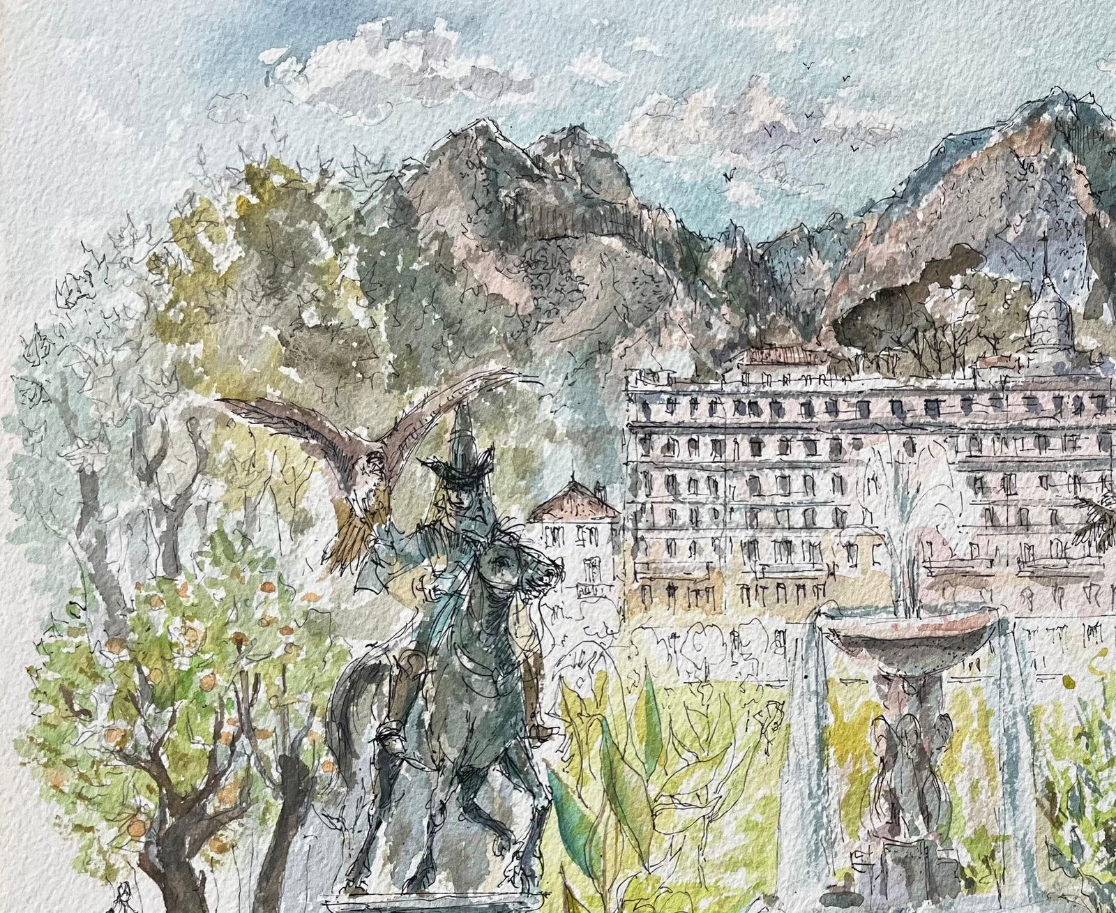 Robert Lepine (1929 - 2017); French Watercolor of Monte Carlo Gardens Set Against the Monaco Hills, - 8