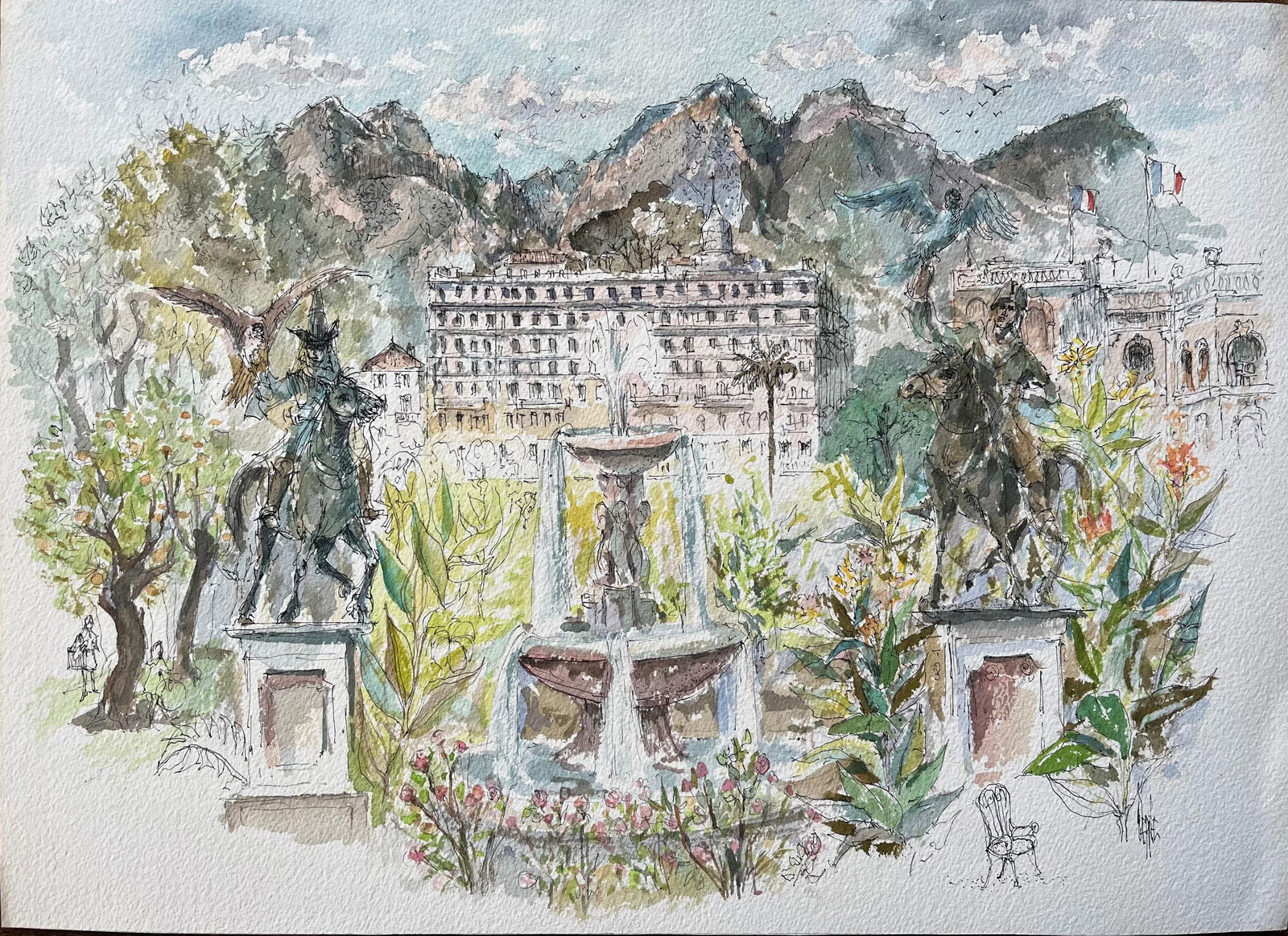 Robert Lepine (1929 - 2017); French Watercolor of Monte Carlo Gardens Set Against the Monaco Hills, - 12