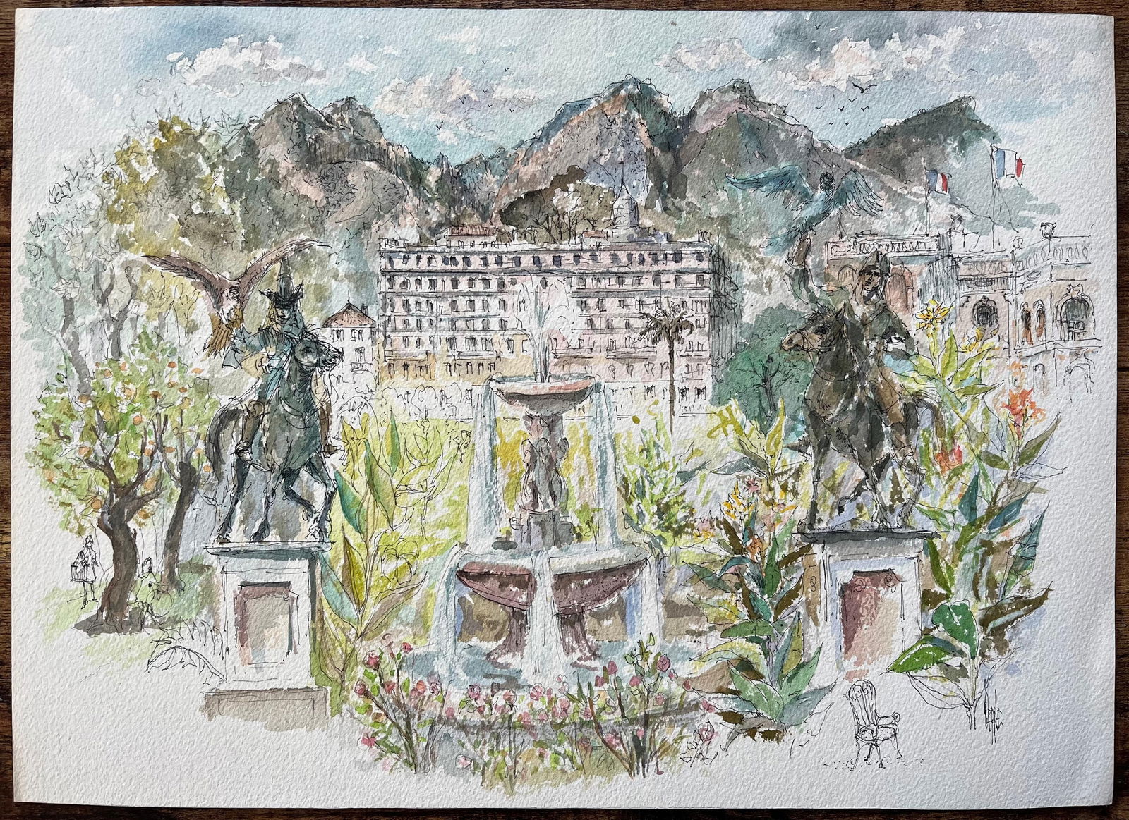 Robert Lepine (1929 - 2017); French Watercolor of Monte Carlo Gardens Set Against the Monaco Hills, - 13