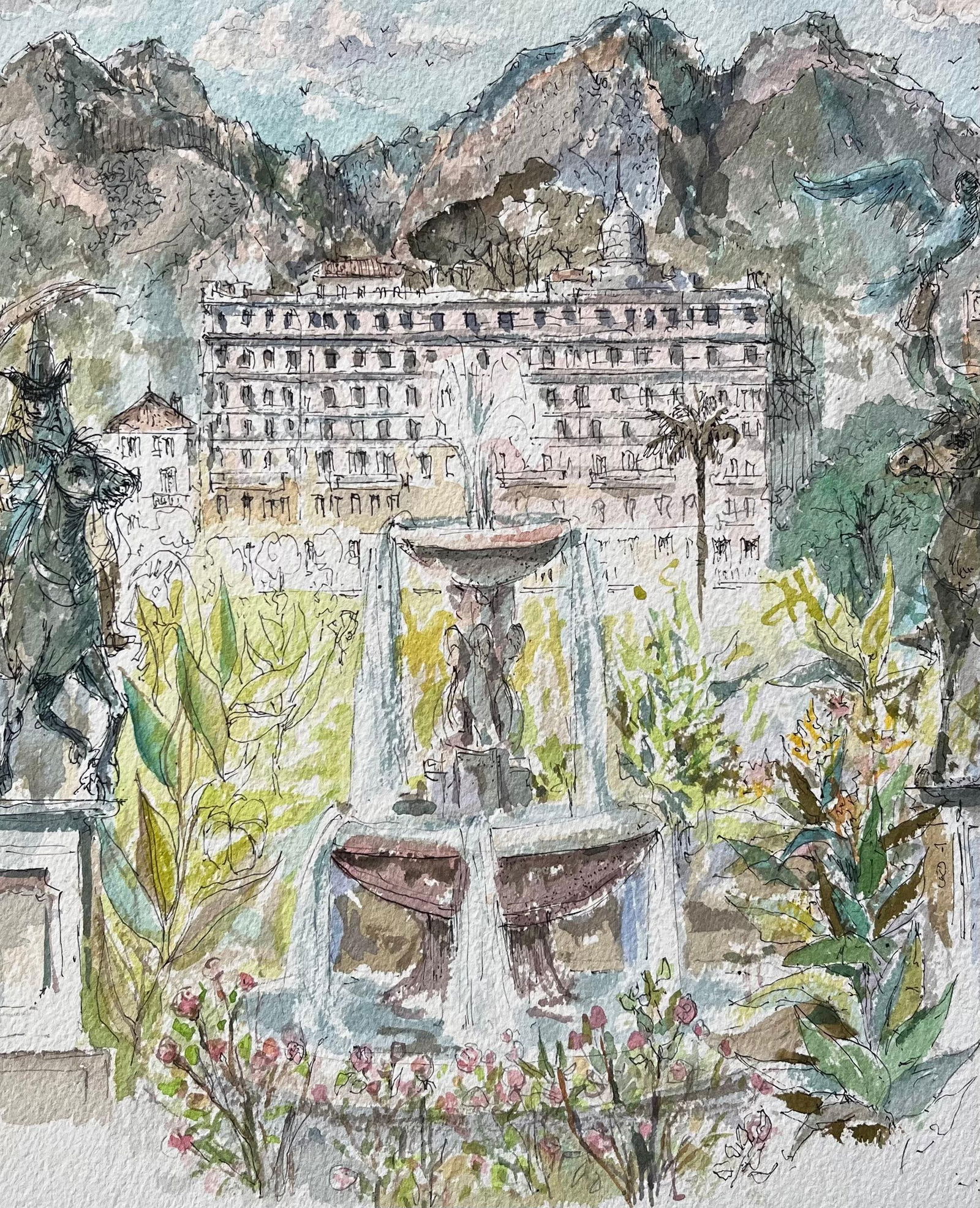 Robert Lepine (1929 - 2017); French Watercolor of Monte Carlo Gardens Set Against the Monaco Hills, - 2
